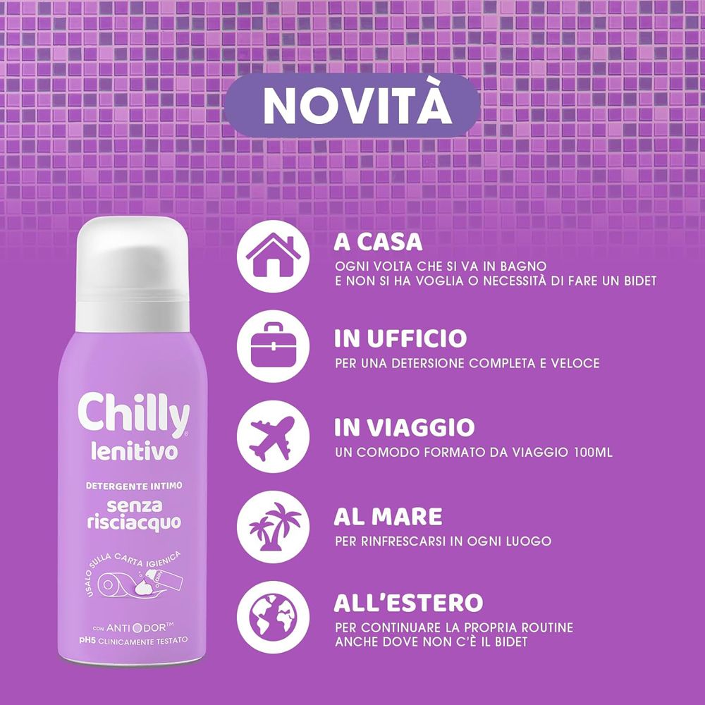 Flacone lilla con erogatore bianco. Testo: Chilly lenitivo, Detergente intimo senza risciacquo. Luoghi d'uso.