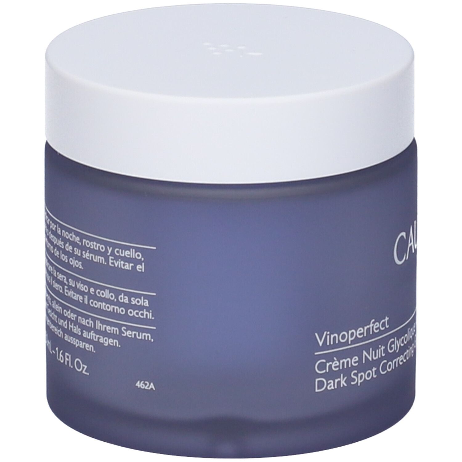 Vaso di crema blu scuro con coperchio bianco. Scritta CAUDALIE PARIS e testo sul retro. 1.6 Fl. Oz.