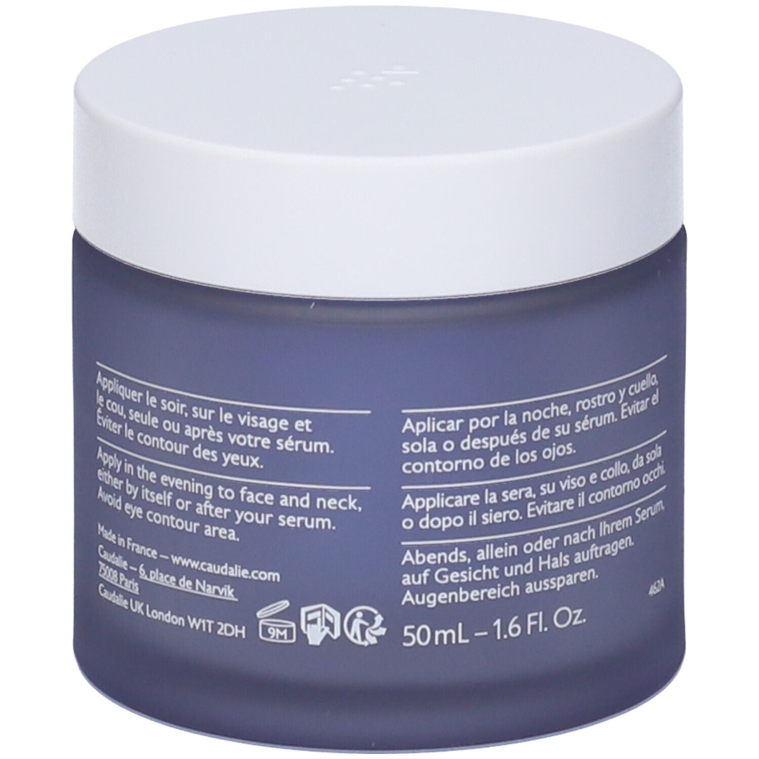 Vaso di crema blu scuro con coperchio bianco. Scritta CAUDALIE PARIS e testo sul retro. 50ml - 1.6 Fl. Oz.