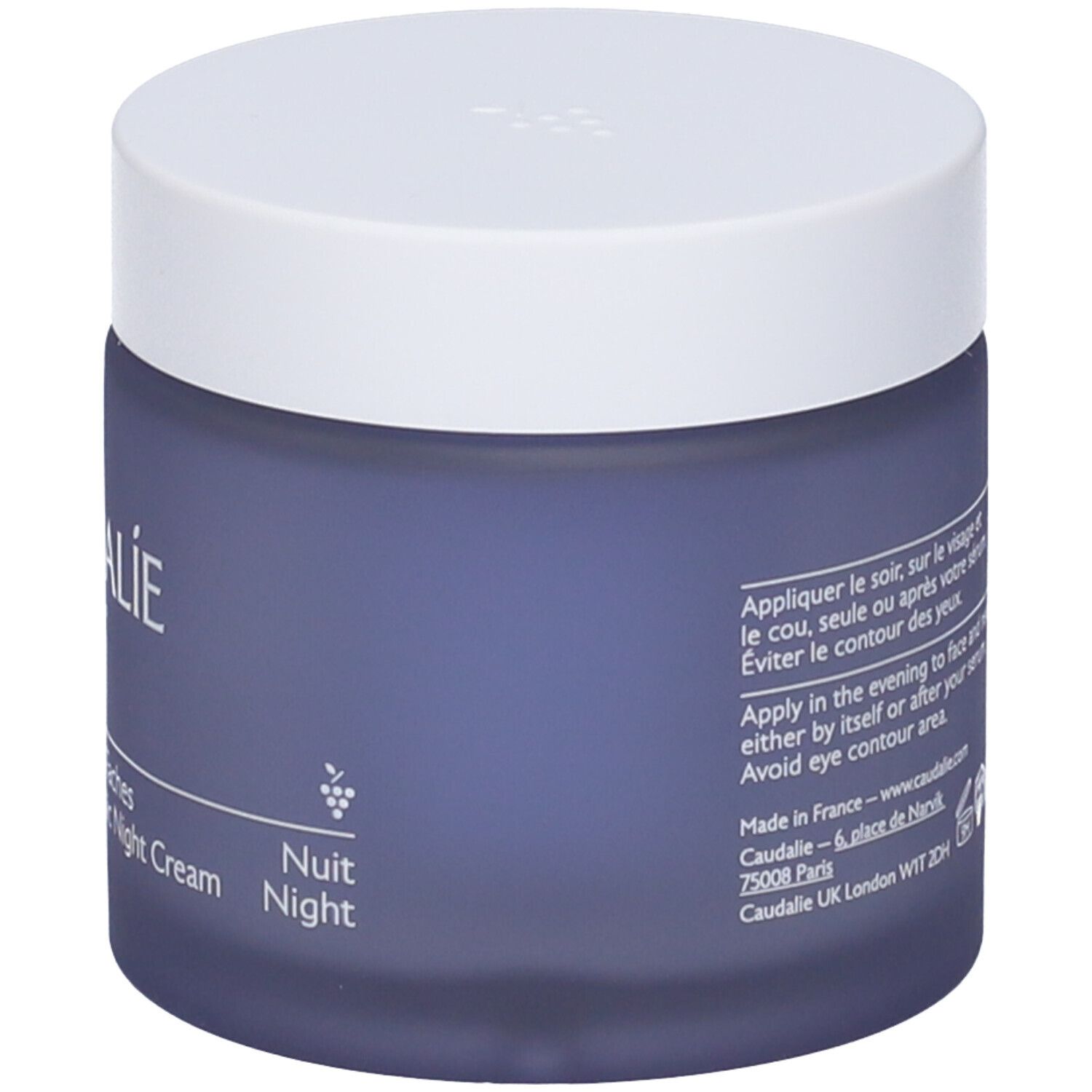 Vaso di crema blu scuro con coperchio bianco. Scritta CAUDALIE PARIS e testo sul retro. Nuit Night.