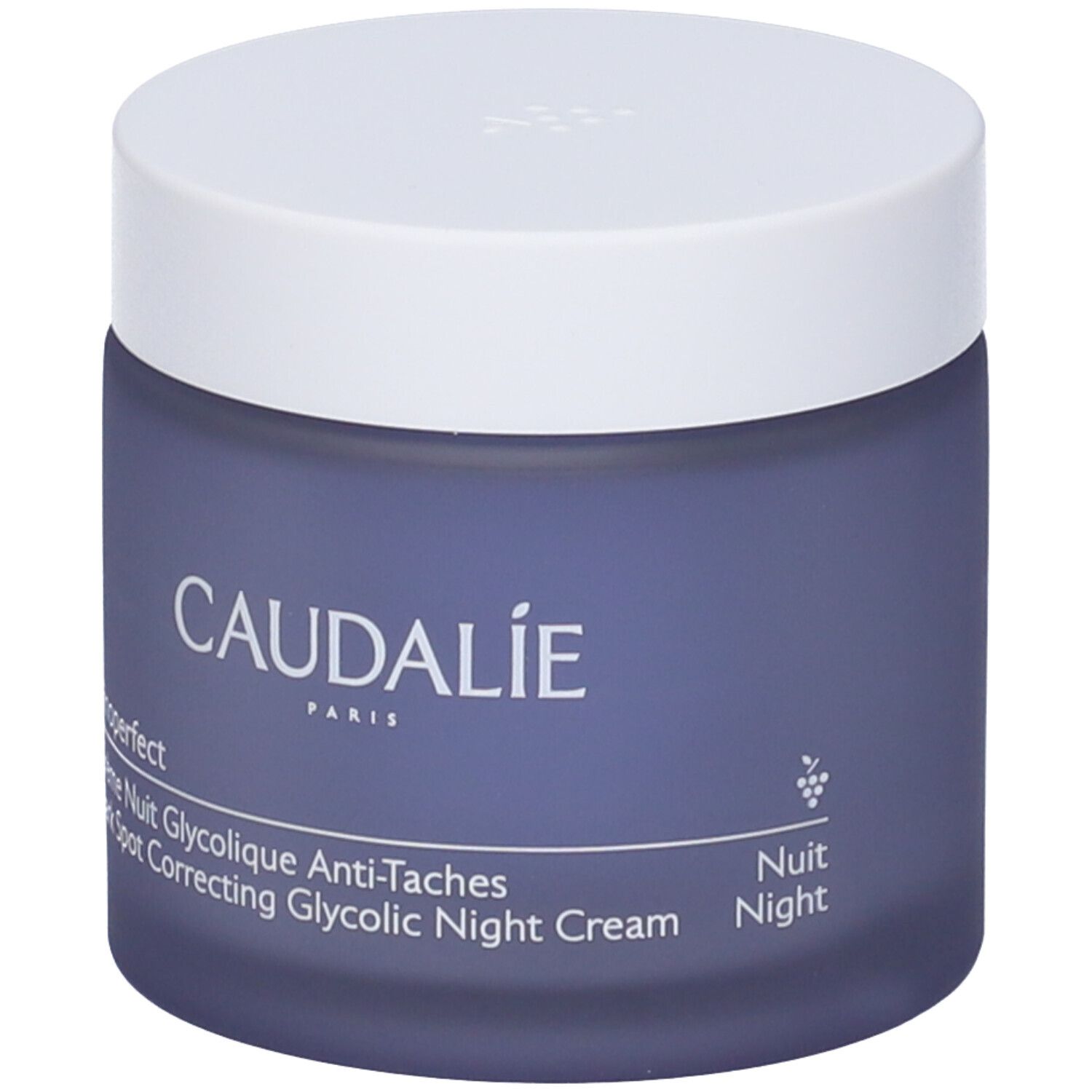 Vaso di crema blu scuro con coperchio bianco. Scritta CAUDALIE PARIS e Vinoperfect Crème Nuit Glycolique Anti-Taches.