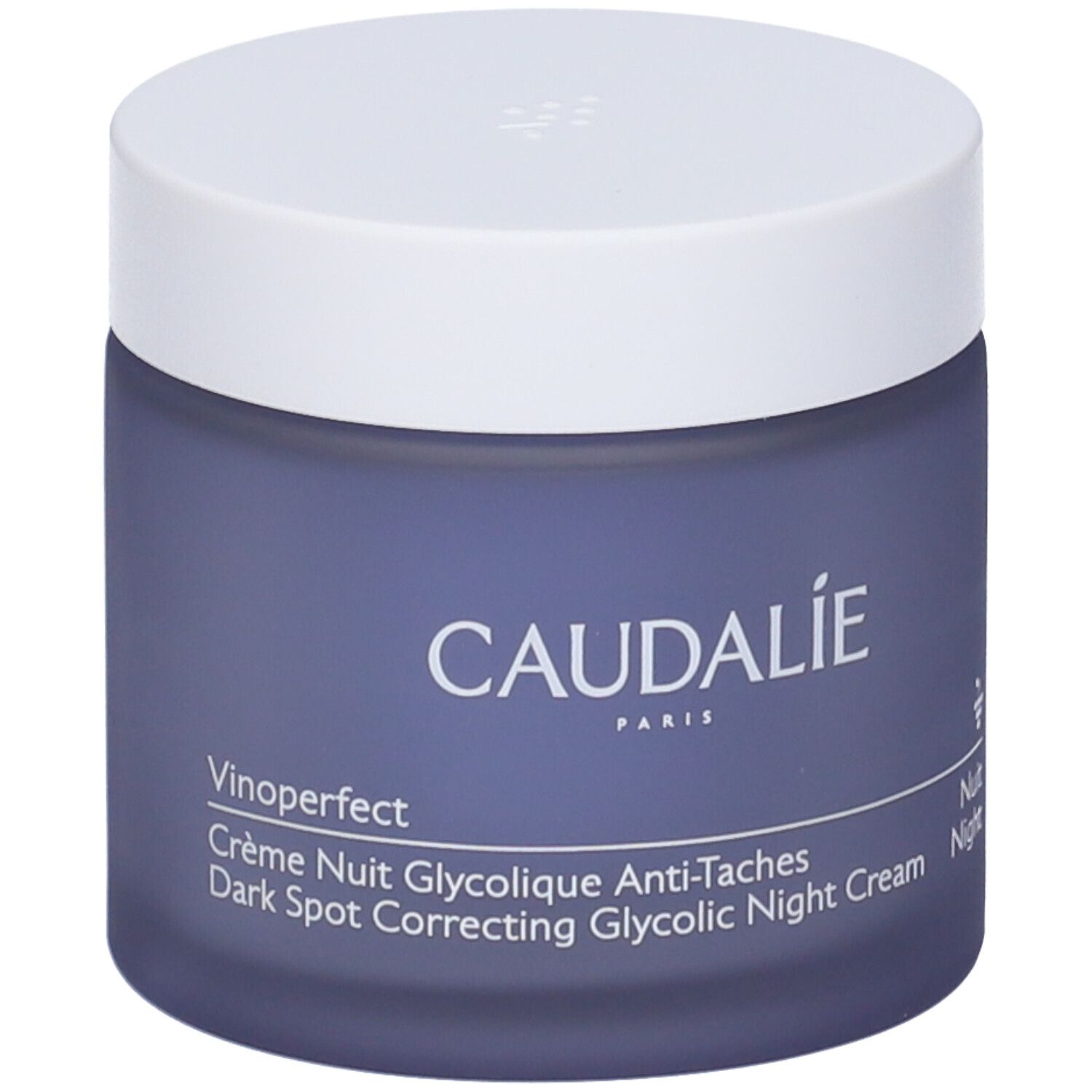 Vaso di crema blu scuro con coperchio bianco. Scritta CAUDALIE PARIS e Vinoperfect Crème Nuit Glycolique Anti-Taches.