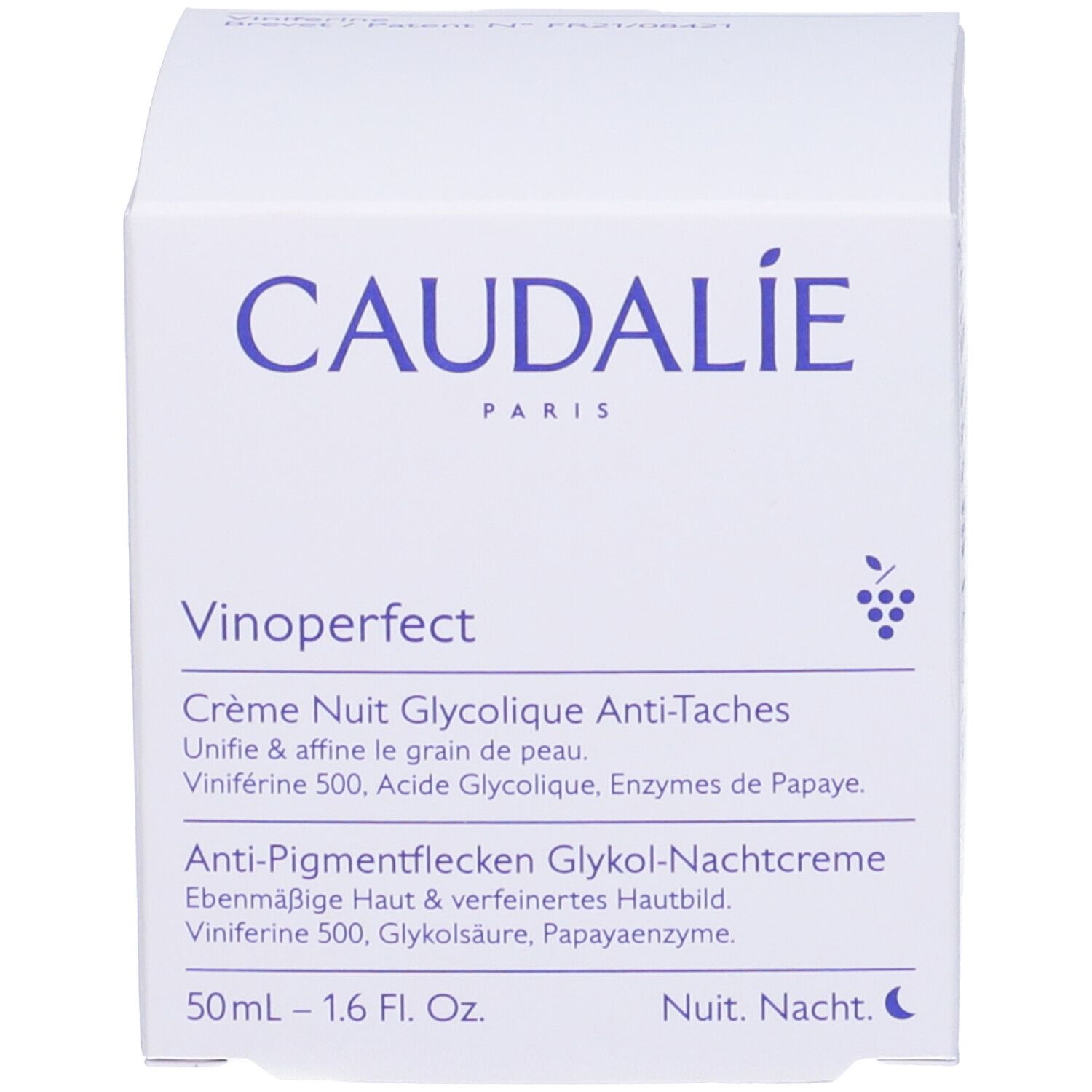 Scatola bianca con scritta CAUDALIE PARIS, Vinoperfect Crème Nuit Glycolique Anti-Taches. 50ml - 1.6 Fl. Oz.