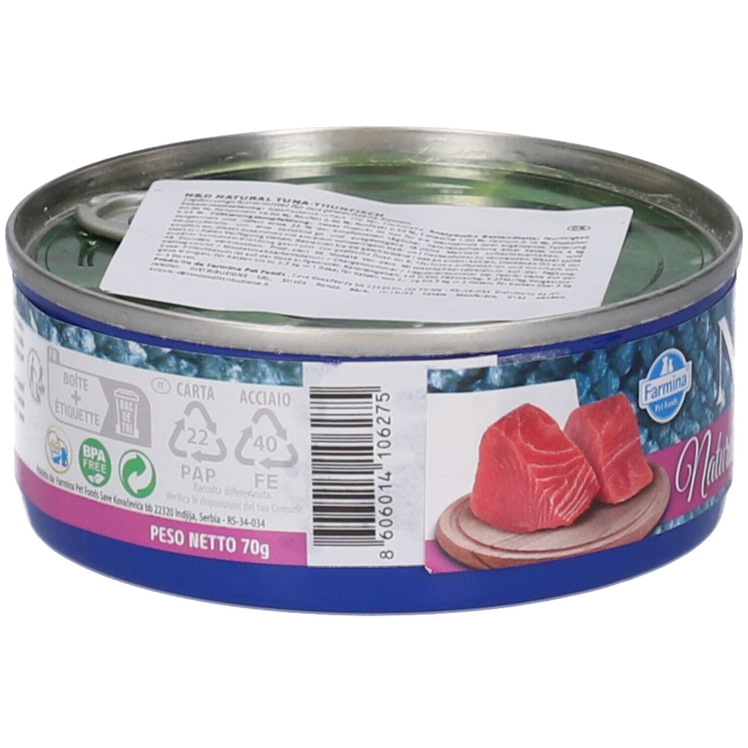 Lattina rotonda con etichetta blu. Scritta: N&D Natural Tonno. Retro con testo e codice a barre. Peso: 70g. Marchio: Farmina.