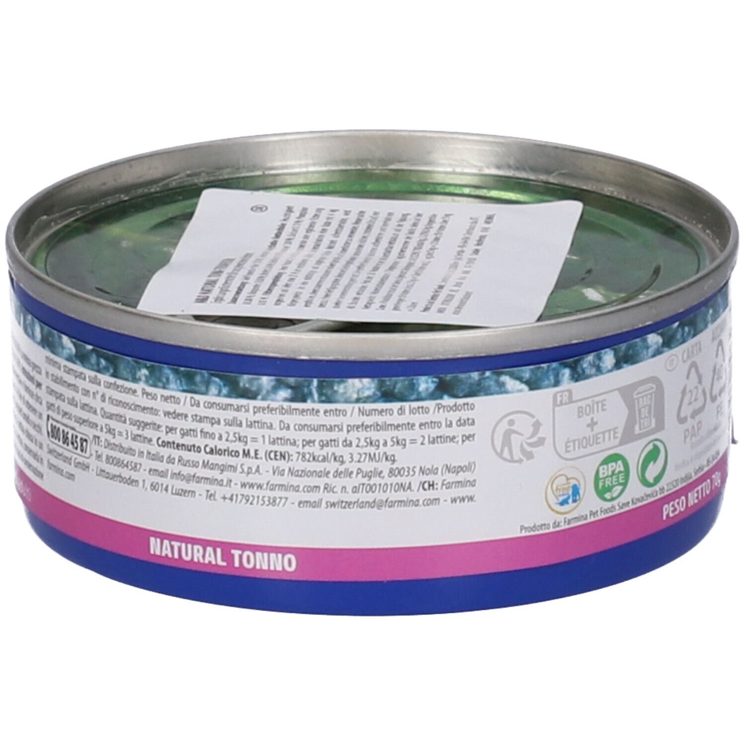 Lattina rotonda con etichetta blu. Scritta: Natural Tonno. Retro con testo. Marchio: Farmina.