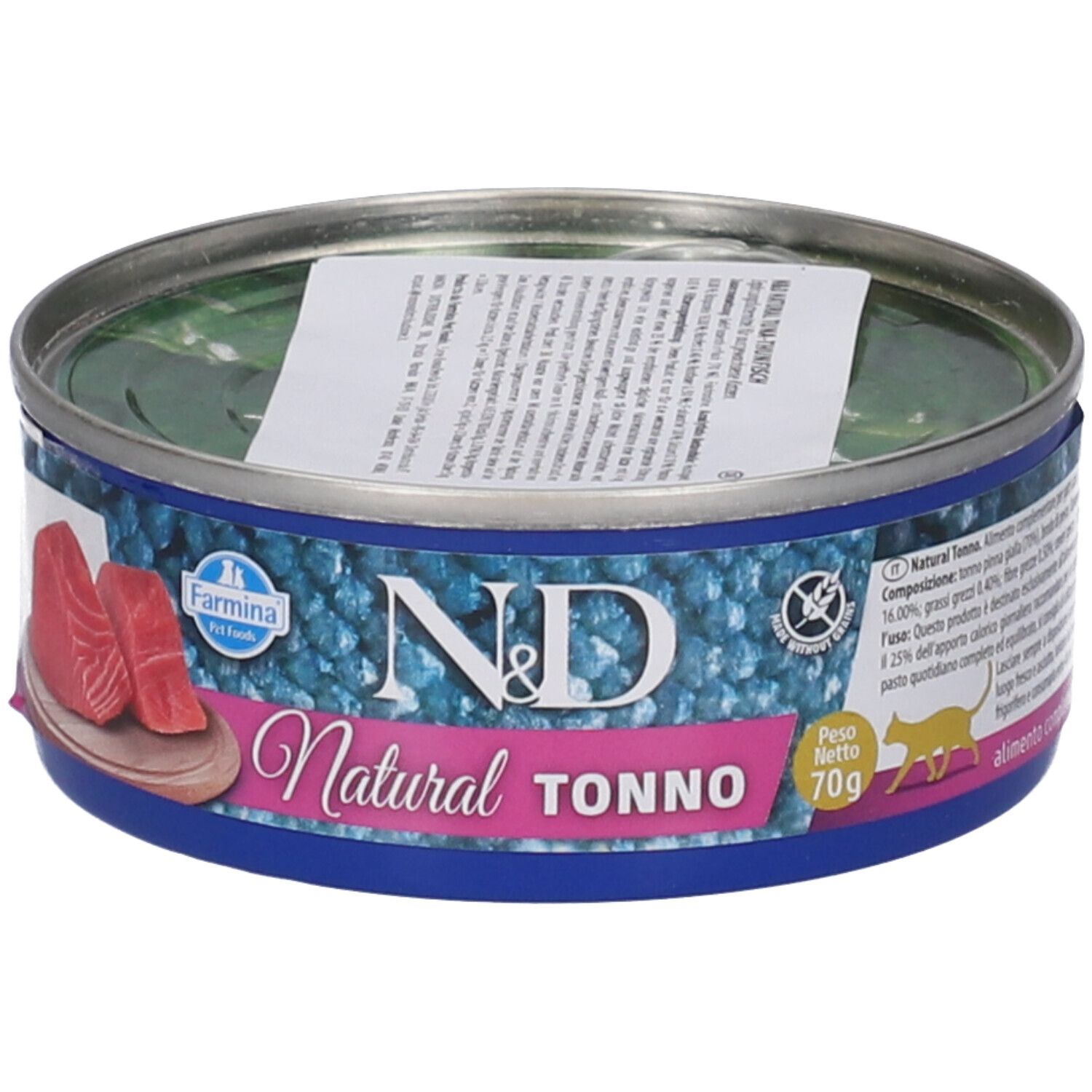 Lattina rotonda con etichetta blu. Scritta: N&D Natural Tonno. Peso: 70g. Marchio: Farmina. Immagine di un gatto.