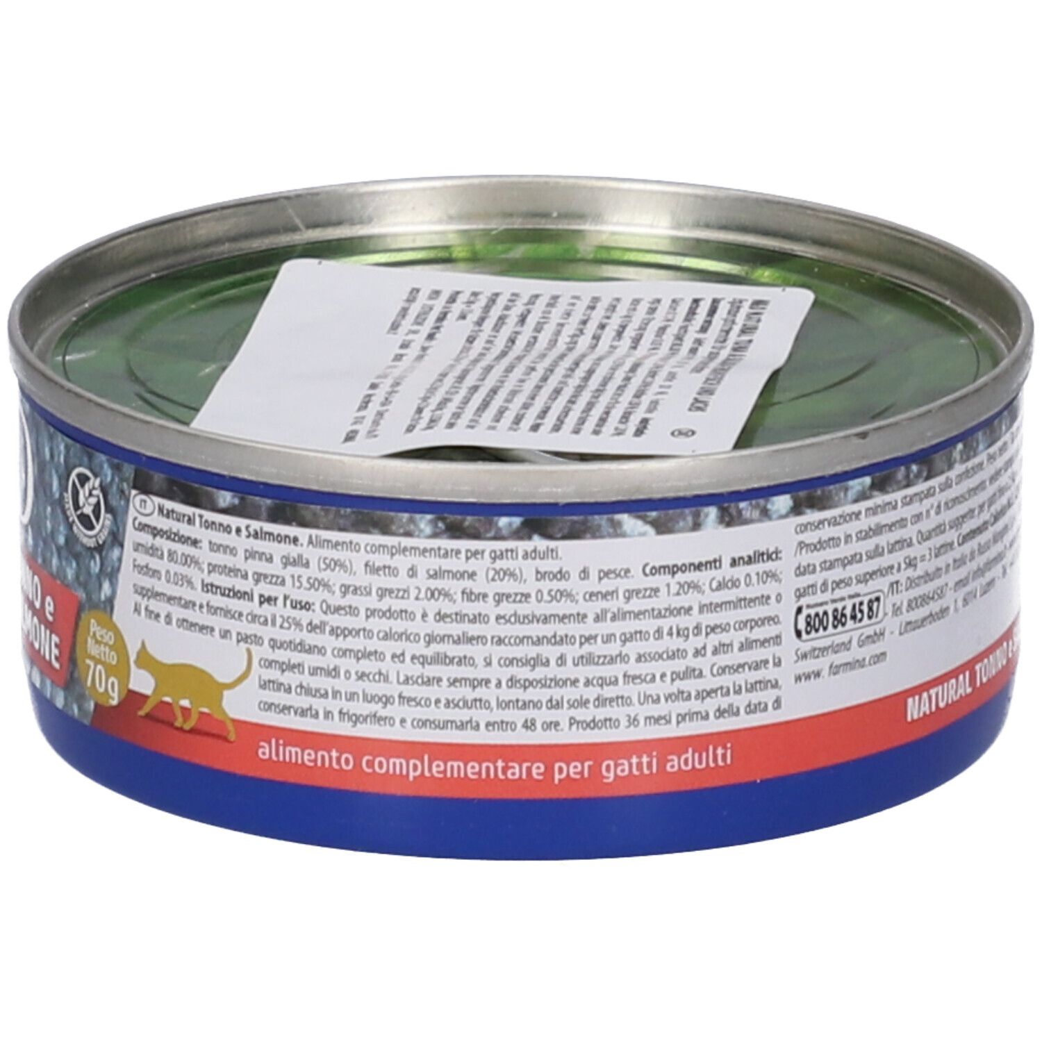 Lattina rotonda di cibo per gatti. Etichetta con nome del prodotto, tonno e salmone. Peso 70g. Simbolo gatto.