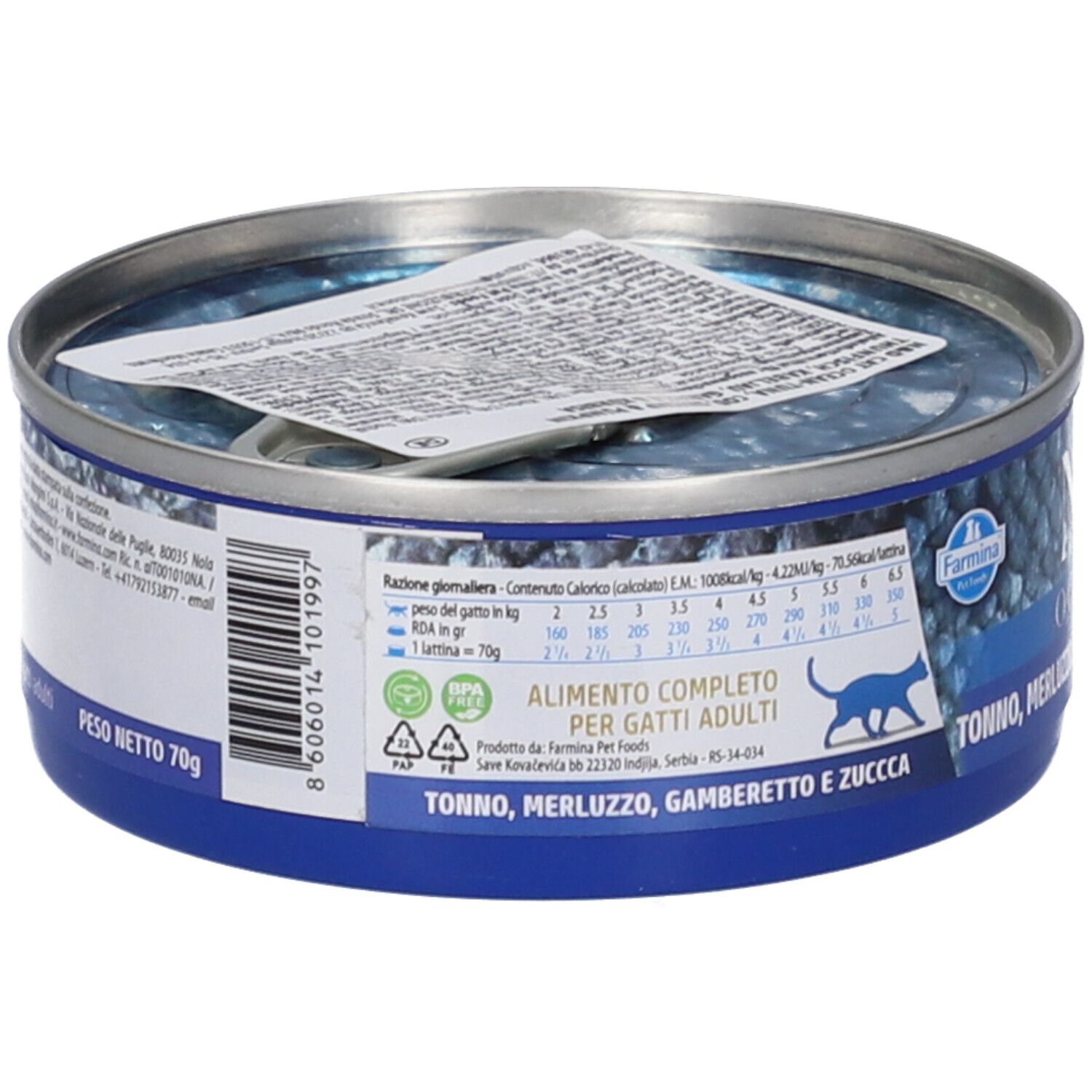 Lattina di cibo per gatti Farmina N&D Ocean Tonno, Merluzzo, Gamberetto e Zucca, 70g.