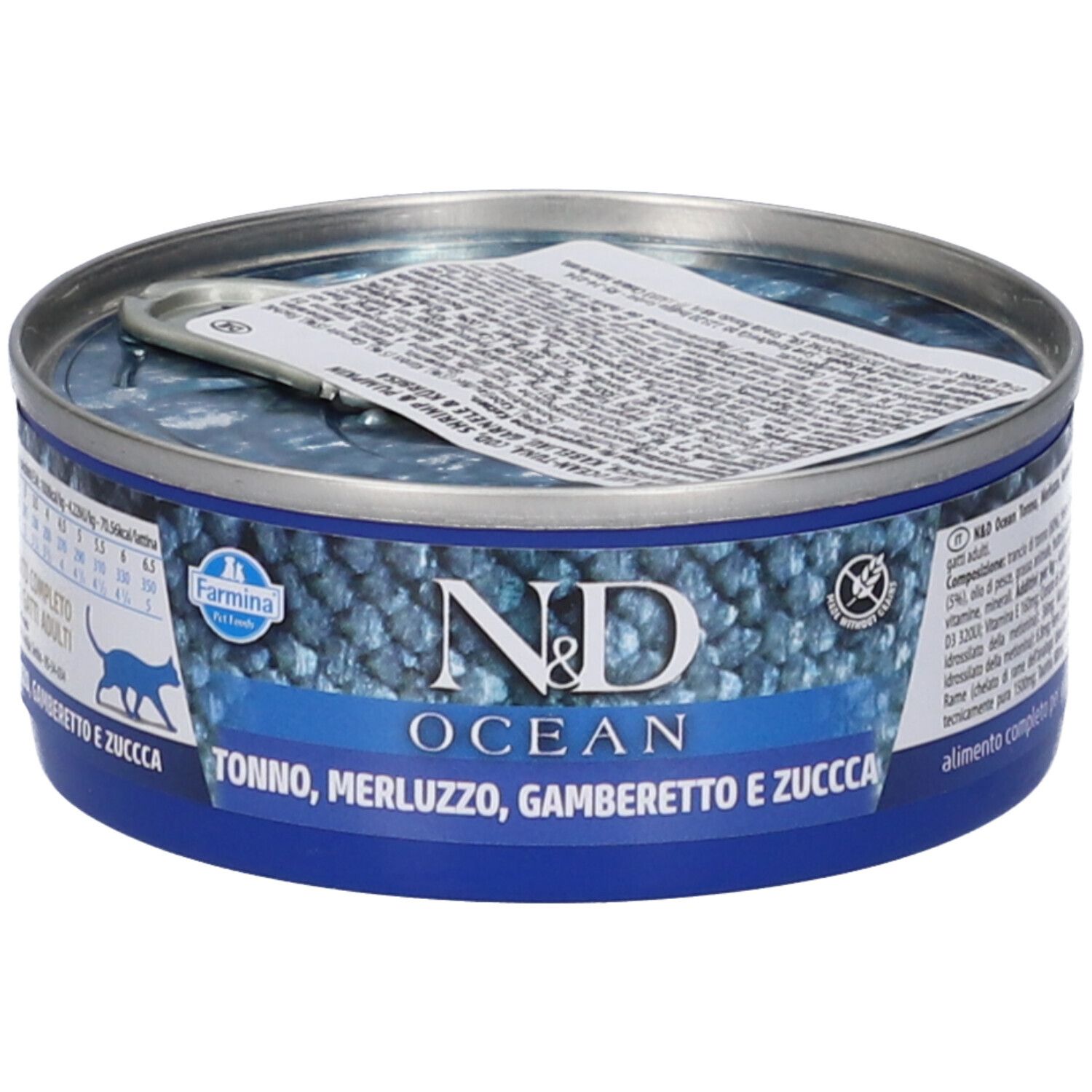 Lattina di cibo per gatti Farmina N&D Ocean Tonno, Merluzzo, Gamberetto e Zucca, 70g.