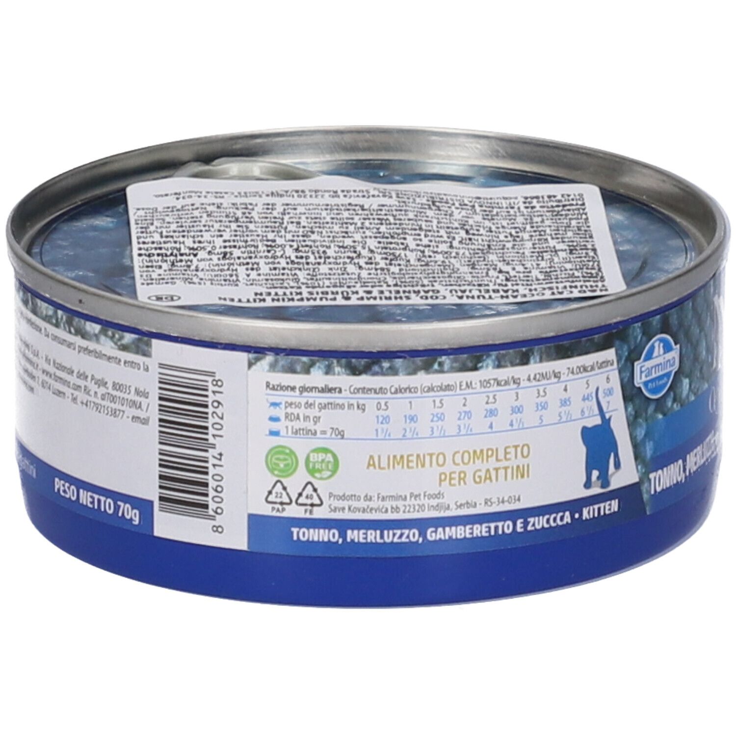 Lattina rotonda, vista laterale. Etichetta blu con testo e informazioni nutrizionali. Scritta: Alimento completo per gattini.
