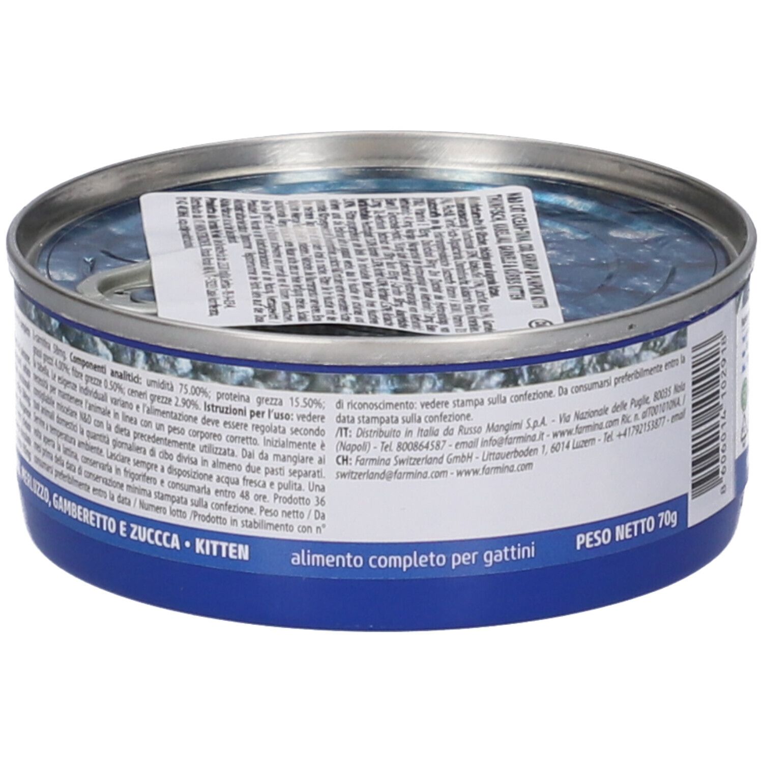 Lattina rotonda, vista laterale. Etichetta blu con testo. Scritta: Alimento completo per gattini. Con linguetta.