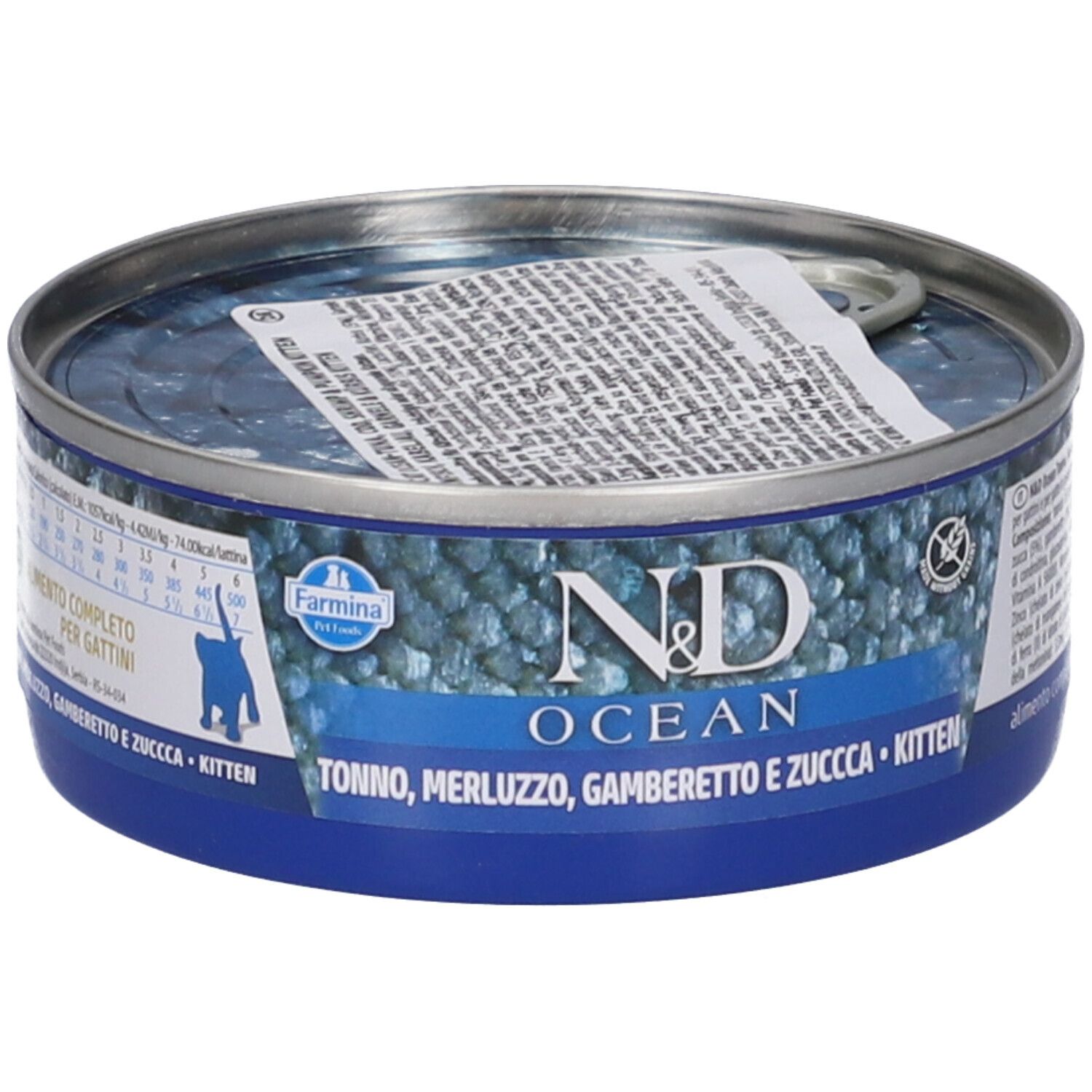 Lattina rotonda con etichetta blu. Scritta: N&D Ocean, Tonno, Merluzzo, Gamberetto e Zucca, Kitten. Con linguetta.