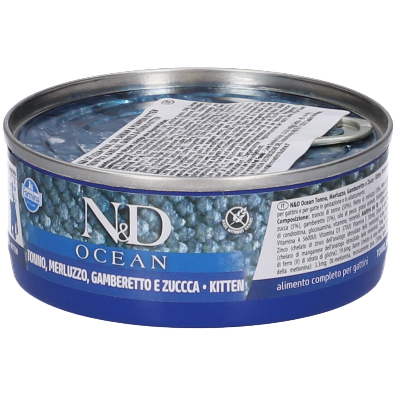 Lattina rotonda con etichetta blu. Scritta: N&D Ocean, Tonno, Merluzzo, Gamberetto e Zucca, Kitten. Con linguetta.