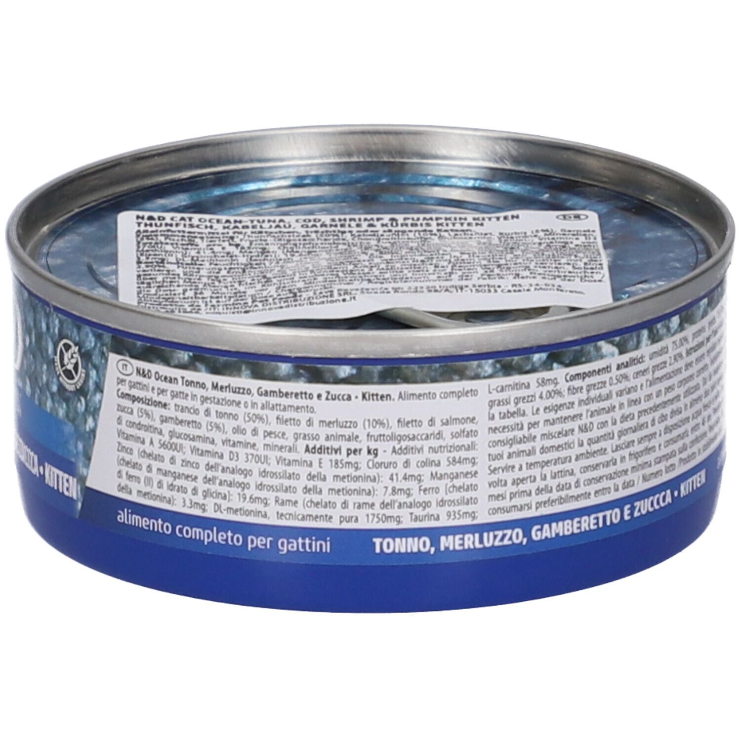 Lattina rotonda, vista laterale. Etichetta blu con testo. Scritta: N&D Ocean, Tonno, Merluzzo, Gamberetto e Zucca, Kitten.