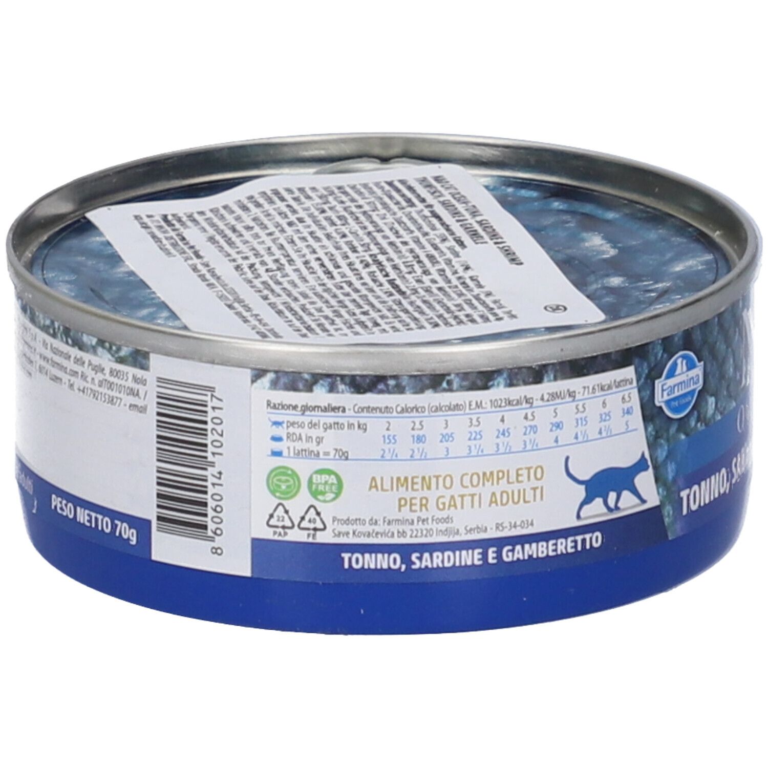 Cibo per gatti Farmina N&D Ocean, tonno, sardina e gamberetto, lattina da 70g.