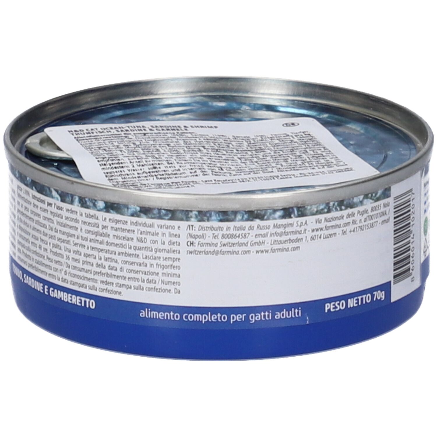 Scatola di cibo per gatti Farmina N&D: Tonno, sardine e gamberetti.