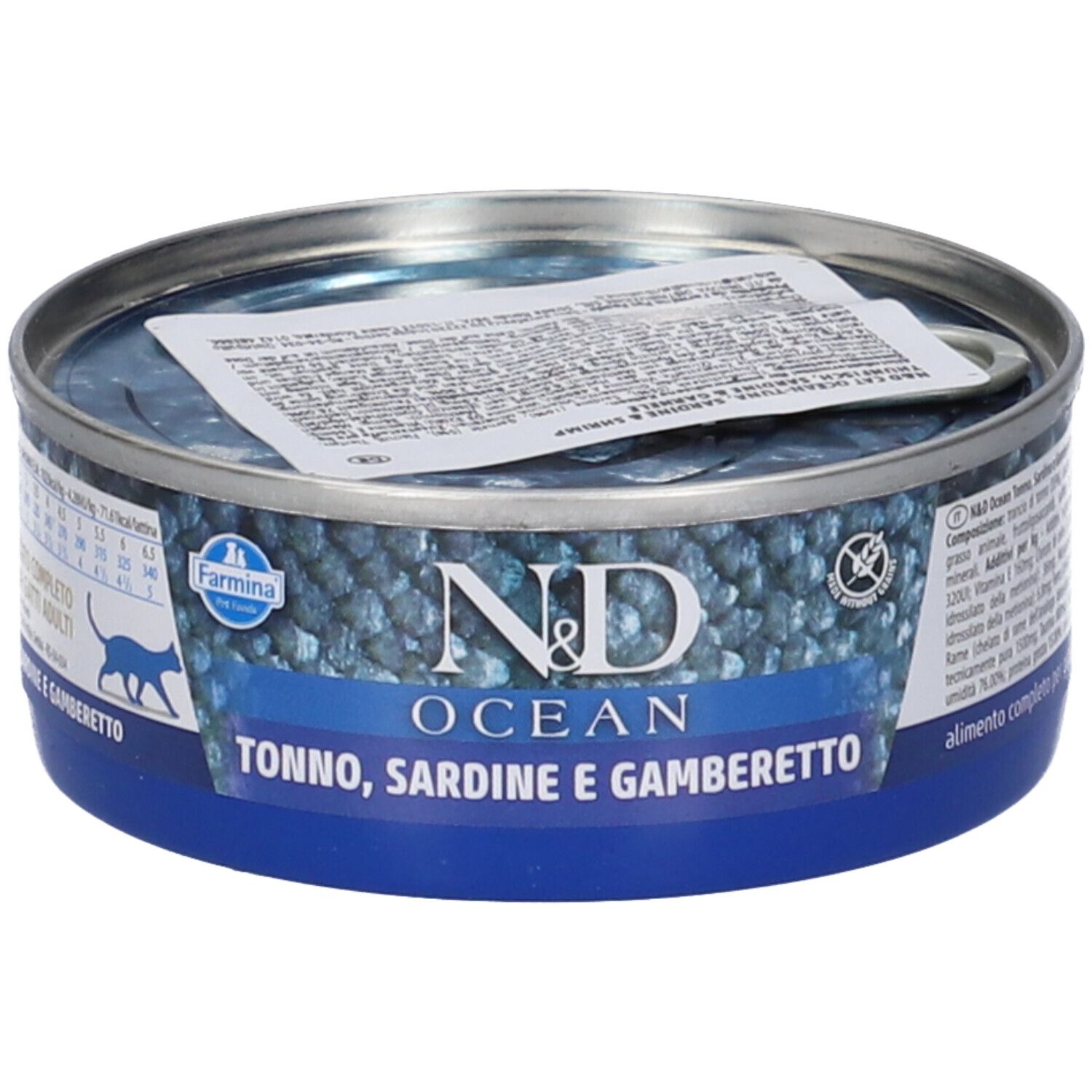Cibo per gatti Farmina N&D Ocean, tonno, sardina e gamberetto, lattina da 70g.