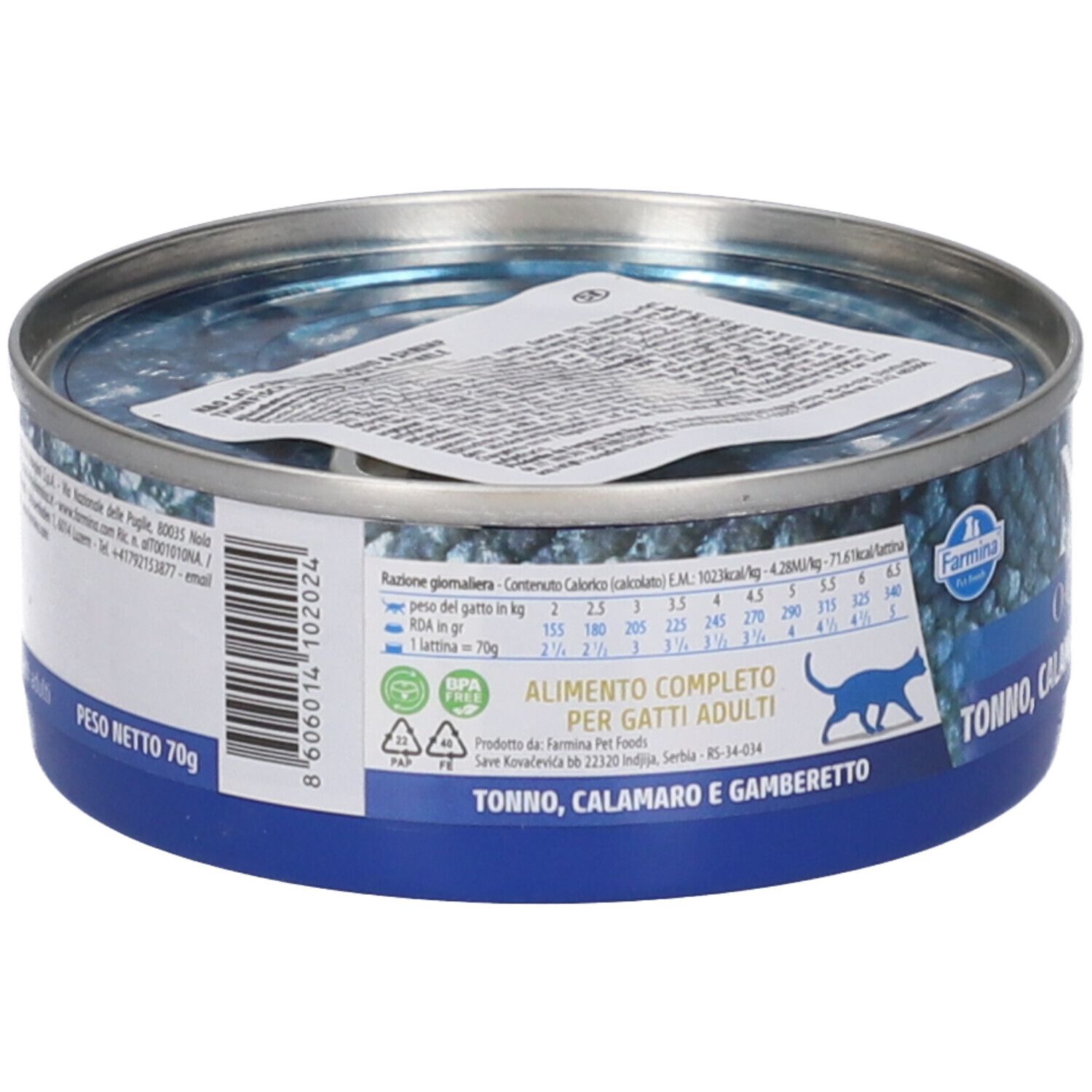 Lattina rotonda con etichetta blu. Testo: N&D OCEAN, Tonno, Calamaro e Gamberetto. Peso: 70g. Codice a barre.