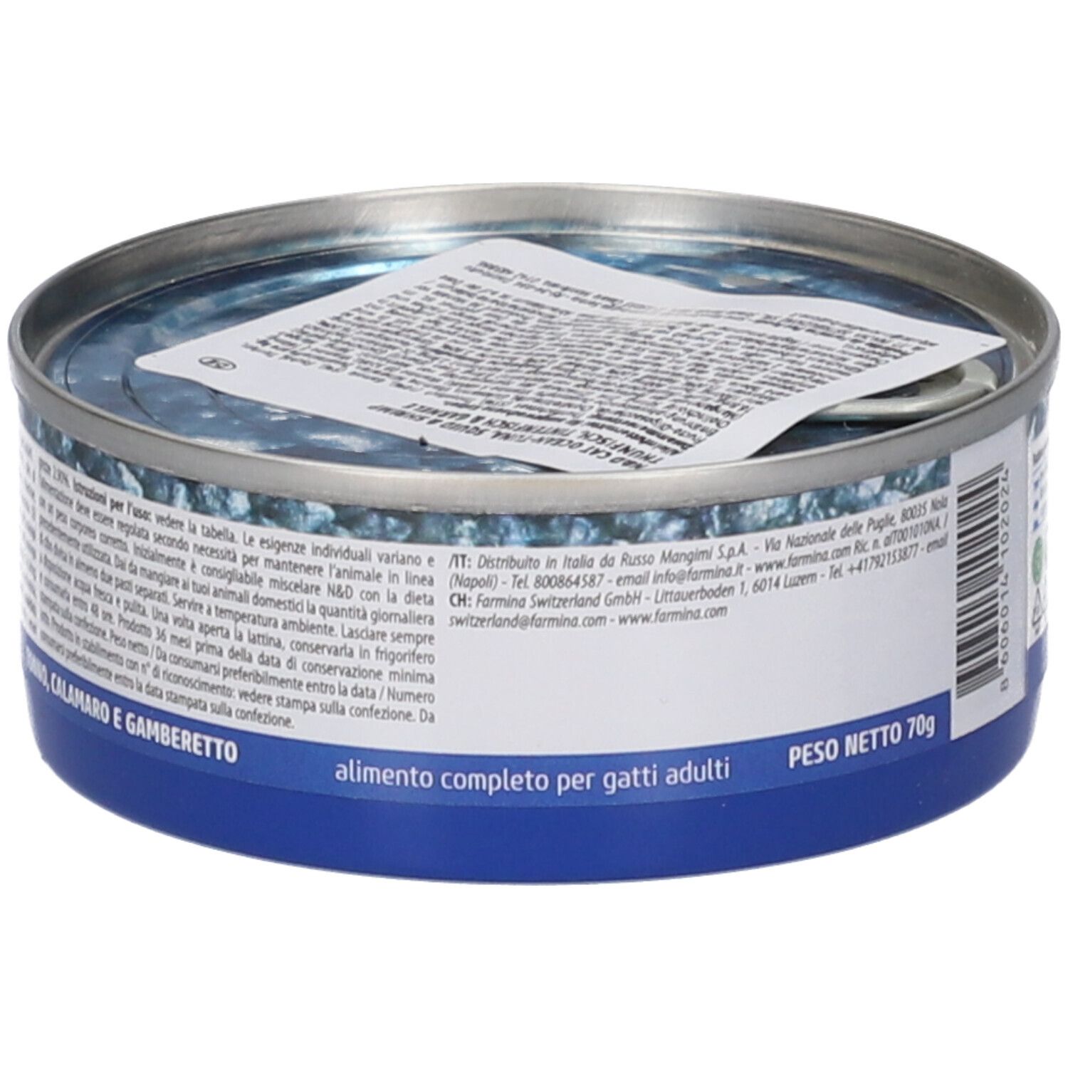 Lattina rotonda con etichetta blu. Testo: N&D OCEAN, Tonno, Calamaro e Gamberetto. Peso: 70g. Vista dettagliata.