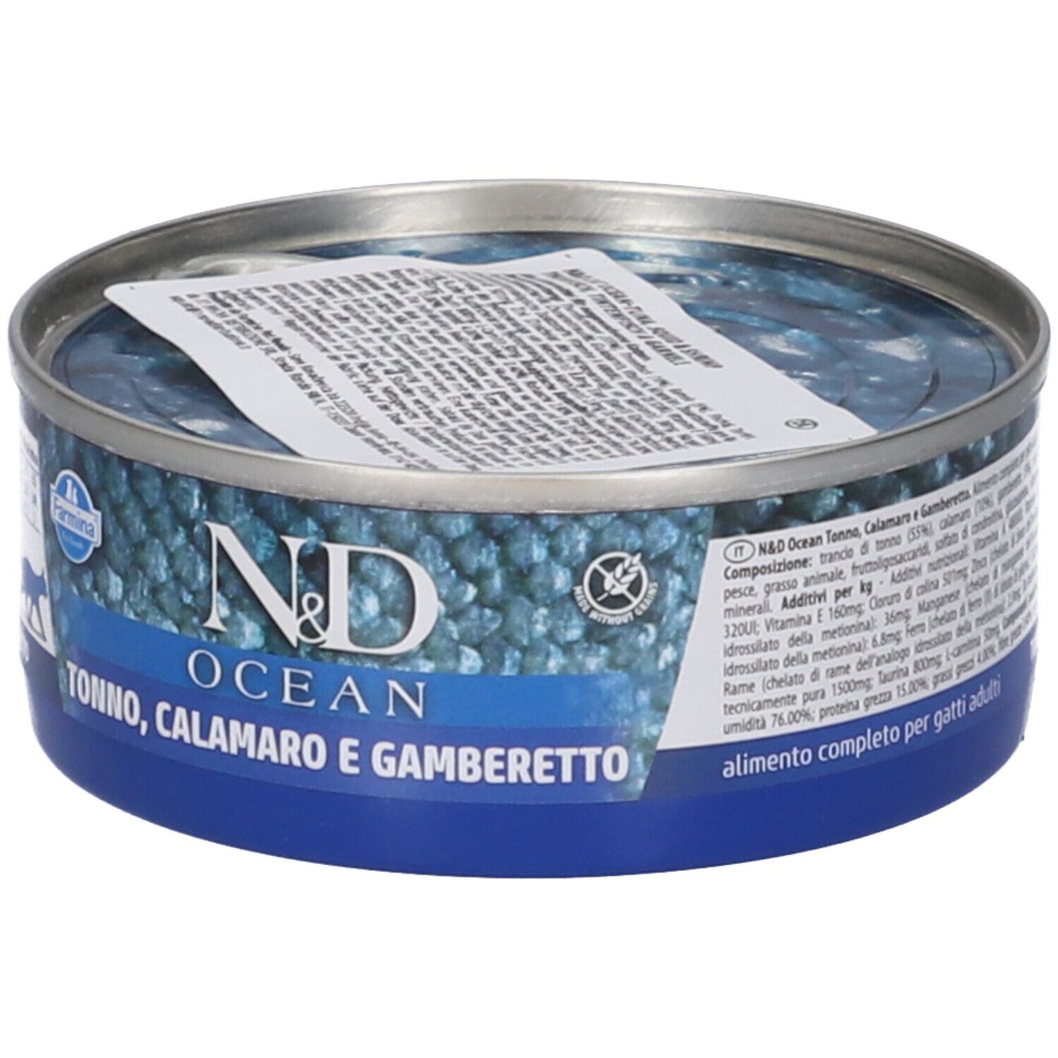 Lattina rotonda con etichetta blu. Testo: N&D OCEAN, Tonno, Calamaro e Gamberetto. Vista dettagliata.