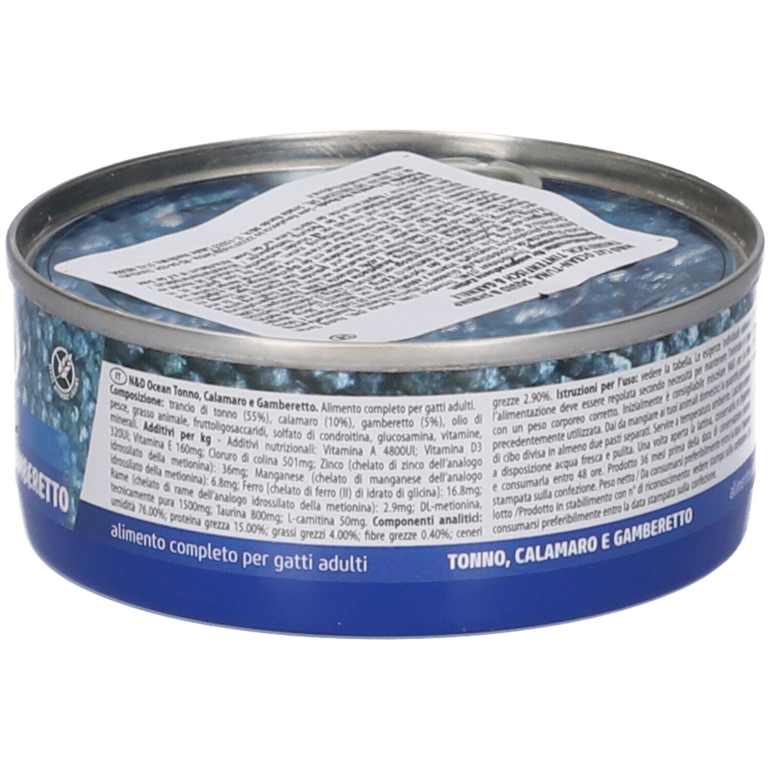 Lattina rotonda con etichetta blu. Testo: N&D OCEAN, Tonno, Calamaro e Gamberetto. Vista dettagliata.