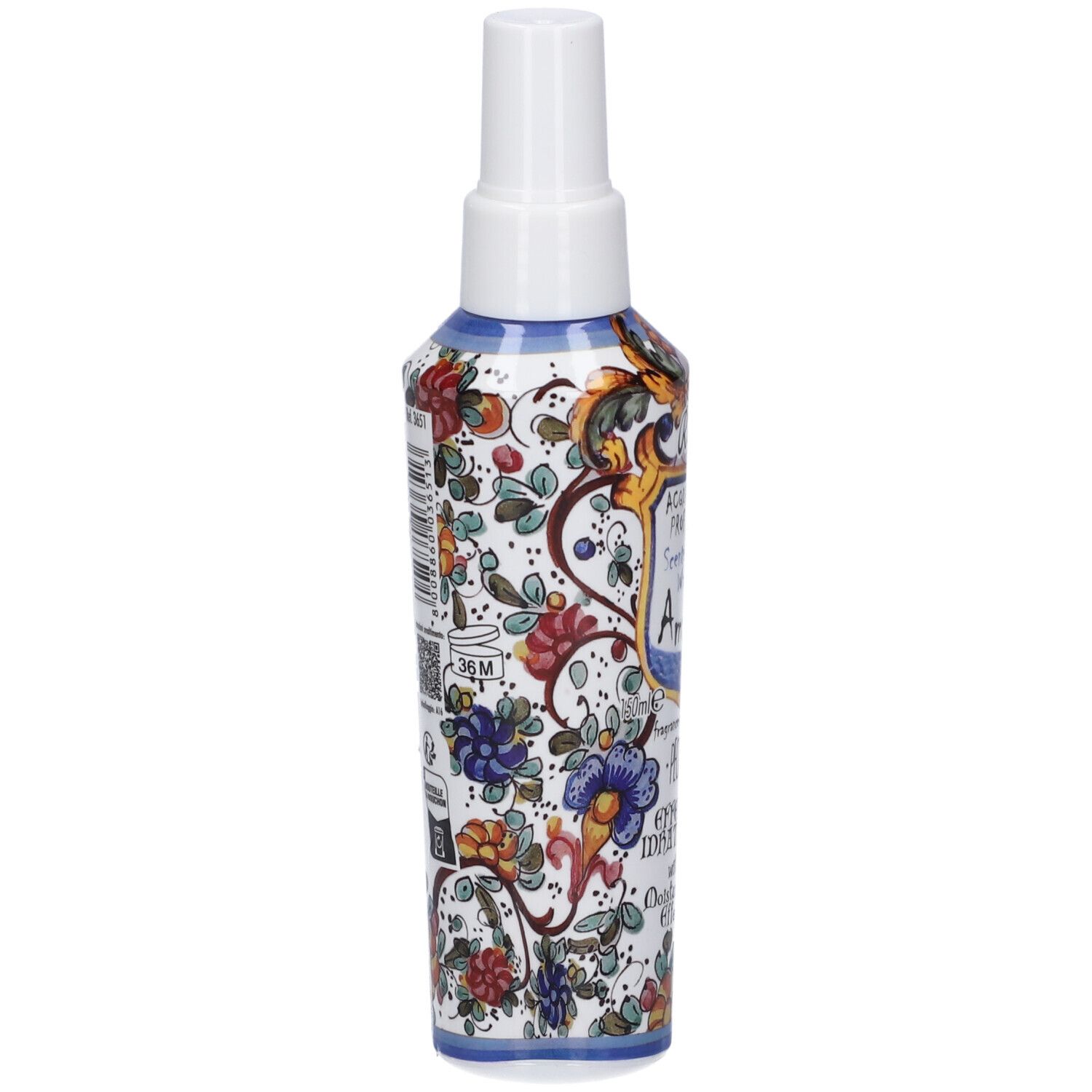 Flacone Rudy Acqua Corpo Profumata Amalfi Peony, retro con decoro floreale e informazioni prodotto.