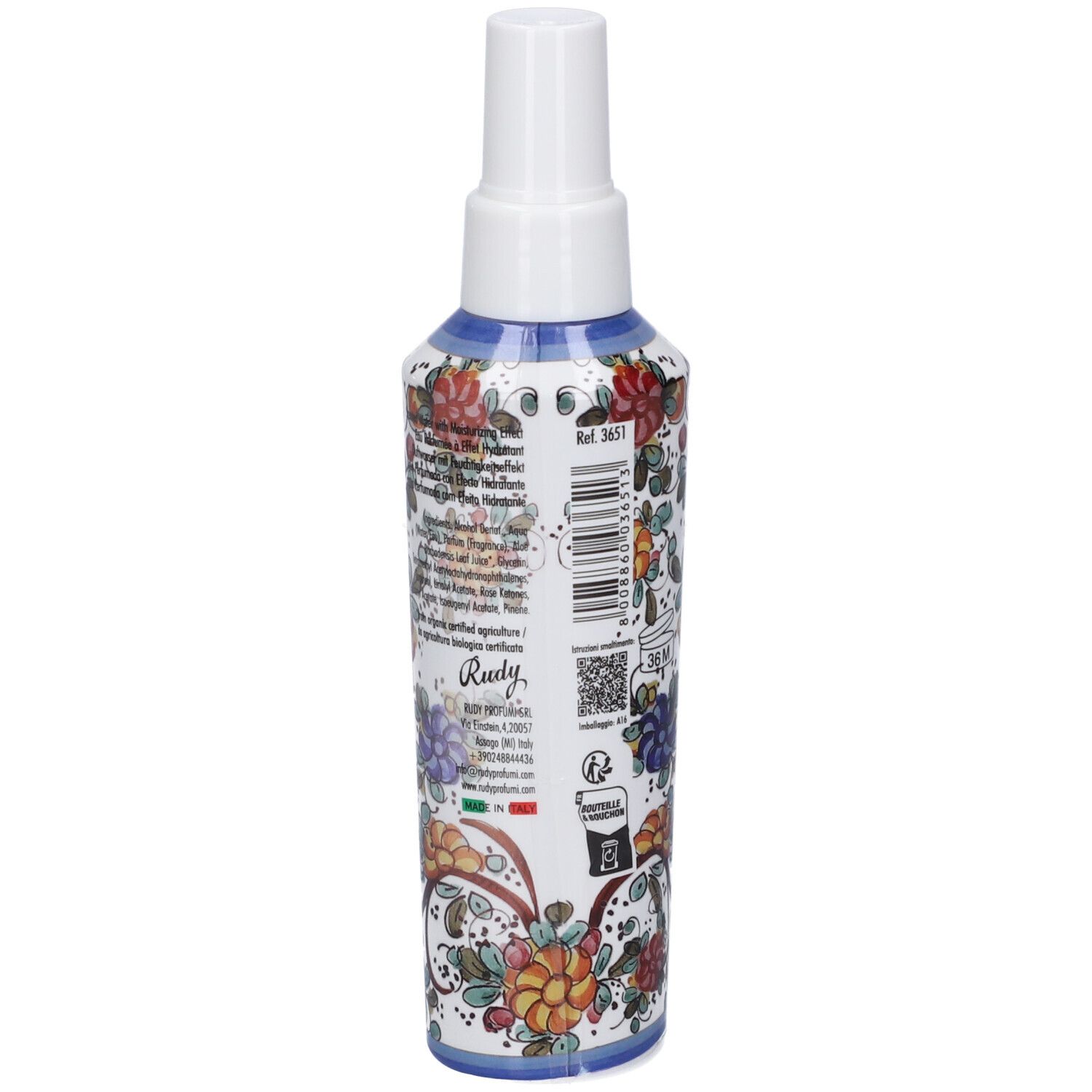 Flacone Rudy Acqua Corpo Profumata Amalfi Peony, retro con decoro floreale, codice a barre e sigilli.