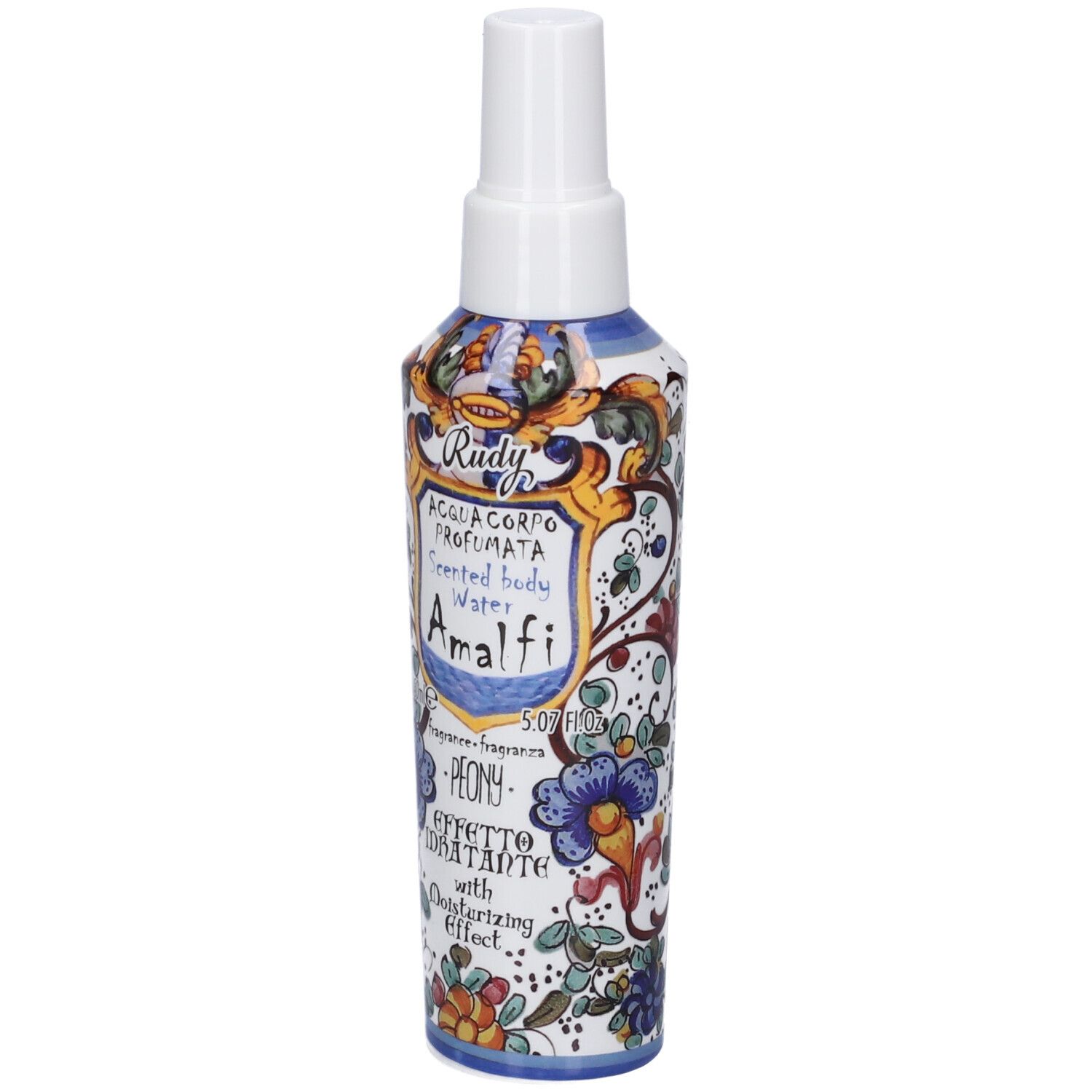 Flacone Rudy Acqua Corpo Profumata Amalfi Peony, decoro floreale, con vaporizzatore.