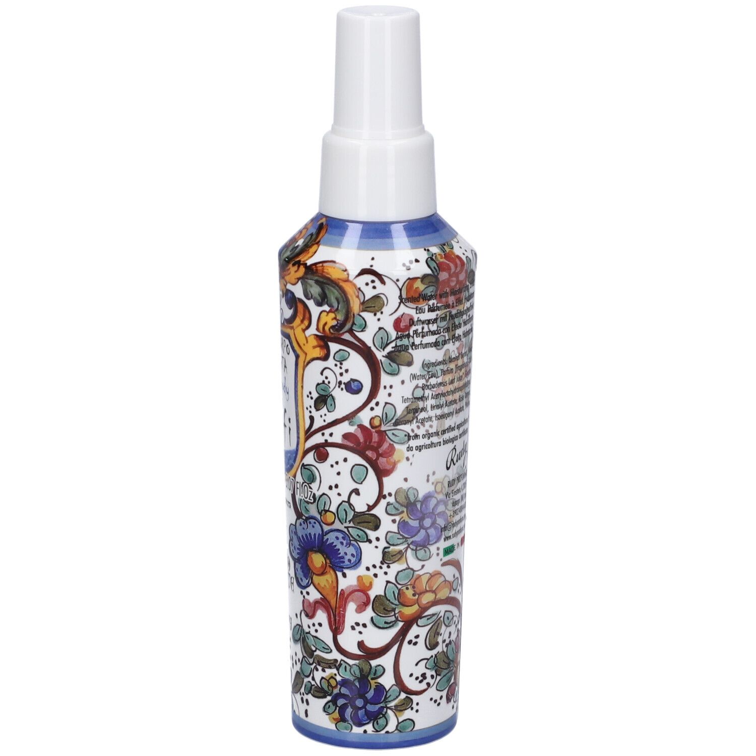 Flacone Rudy Acqua Corpo Profumata Amalfi Peony, lato con decoro floreale e informazioni prodotto.