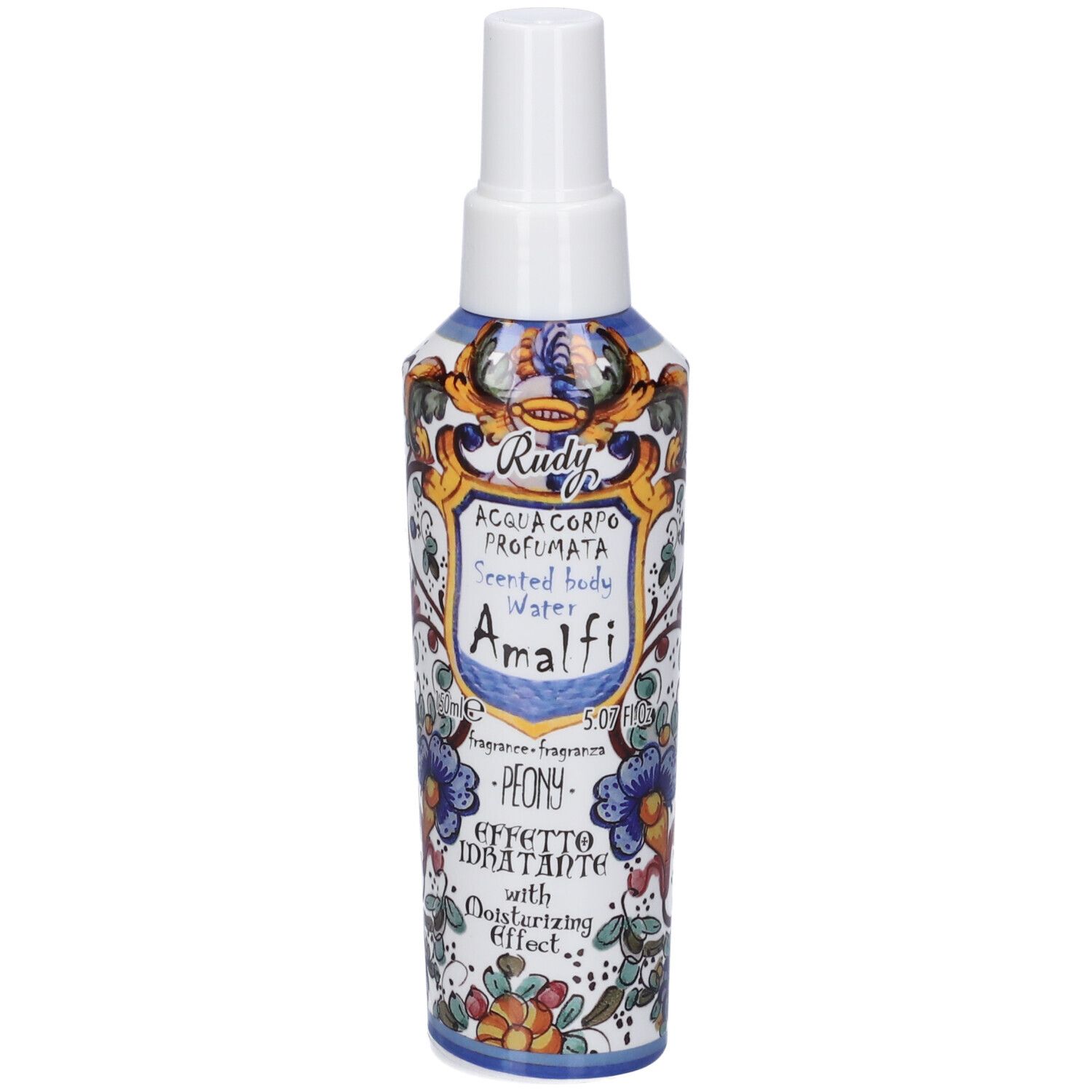 Flacone Rudy Acqua Corpo Profumata Amalfi Peony, decoro floreale, con vaporizzatore.