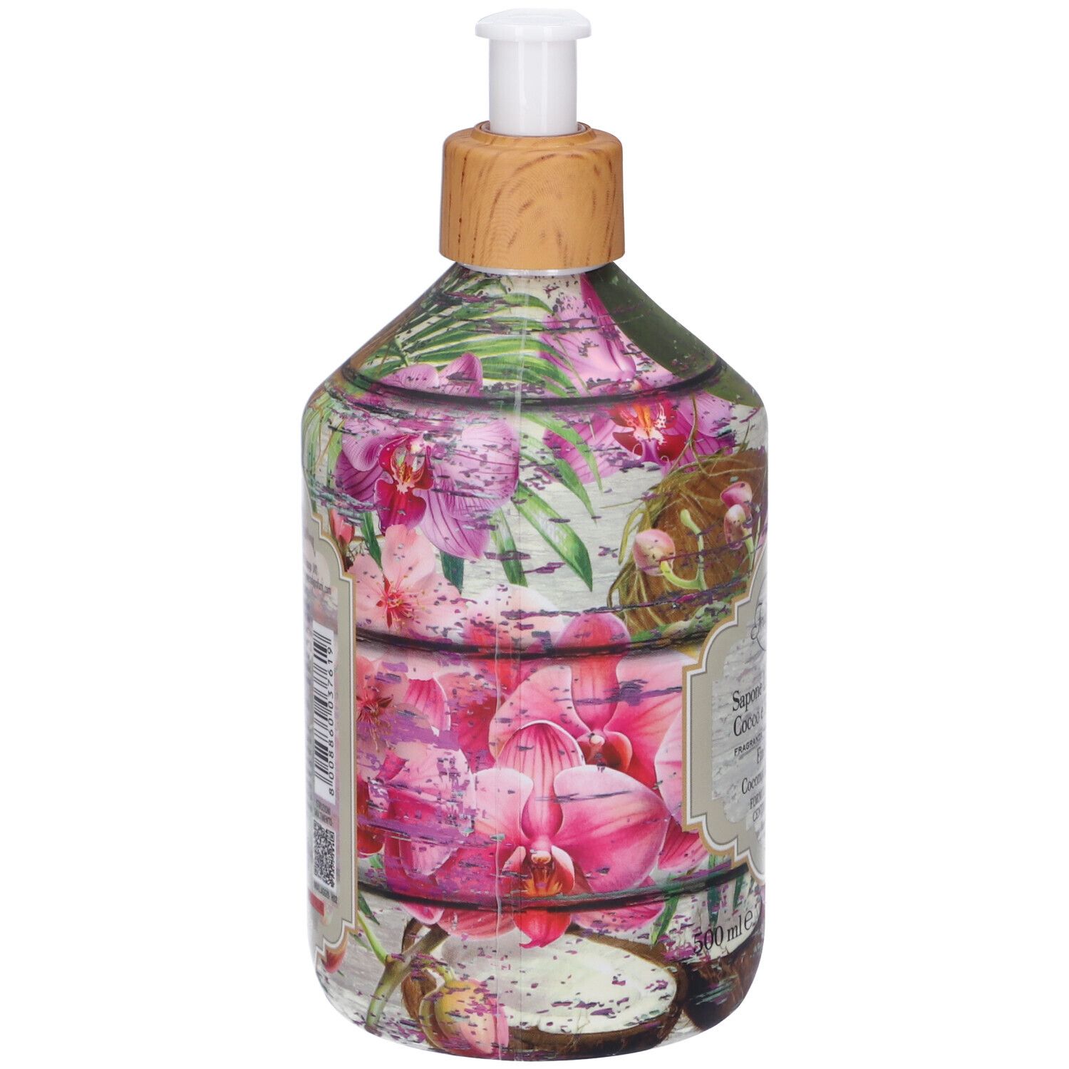 Flacone con dispenser a pompa e design floreale, motivo orchidea.