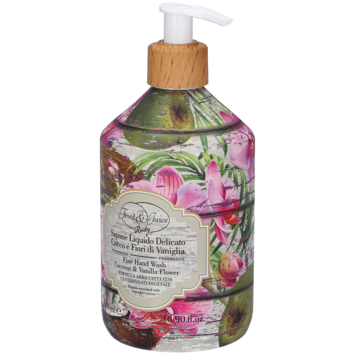Flacone con dispenser per sapone liquido, decorato con fiori e cocco.