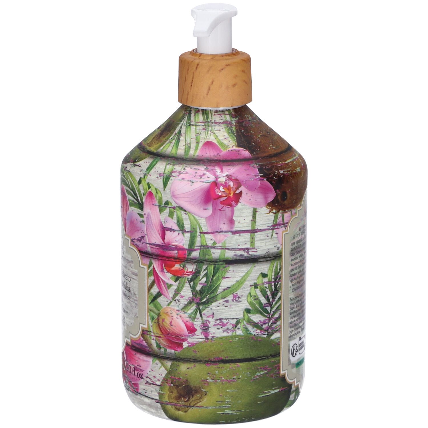 Flacone con dispenser a pompa, tappo effetto legno e motivo floreale tropicale.