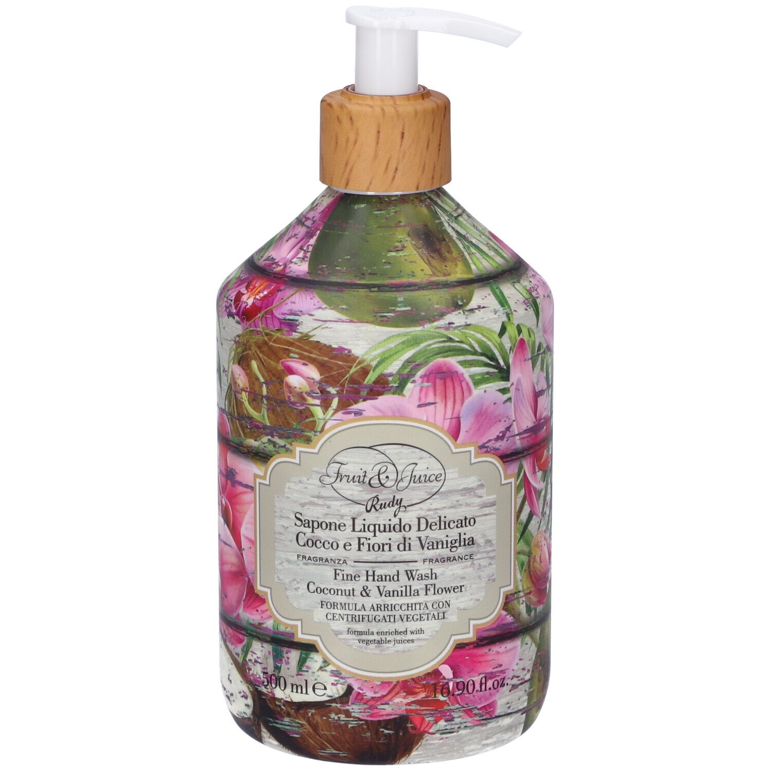 Flacone con dispenser a pompa, decorato con fiori tropicali e cocco. Contiene sapone liquido per le mani.