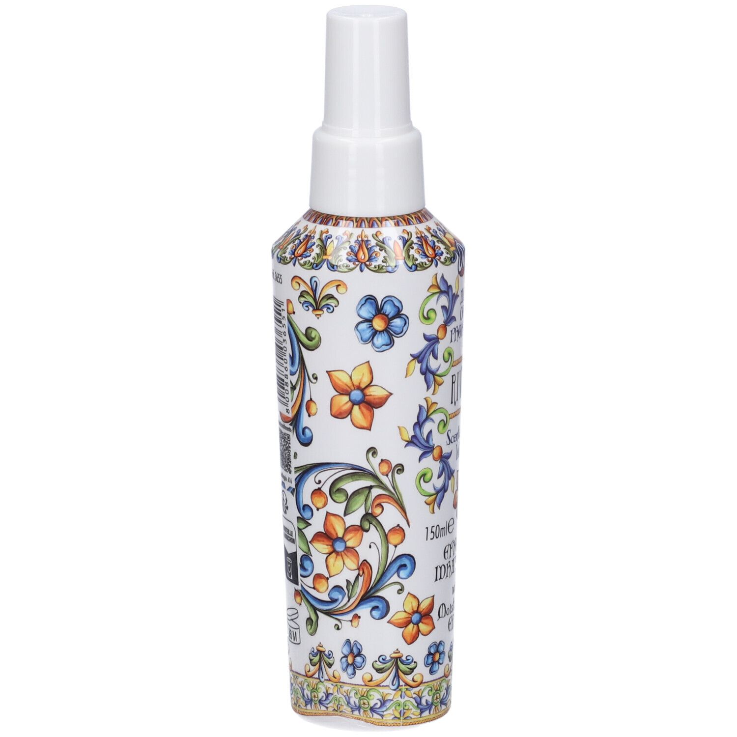 Retro di un flacone spray con motivo floreale e informazioni sul prodotto.