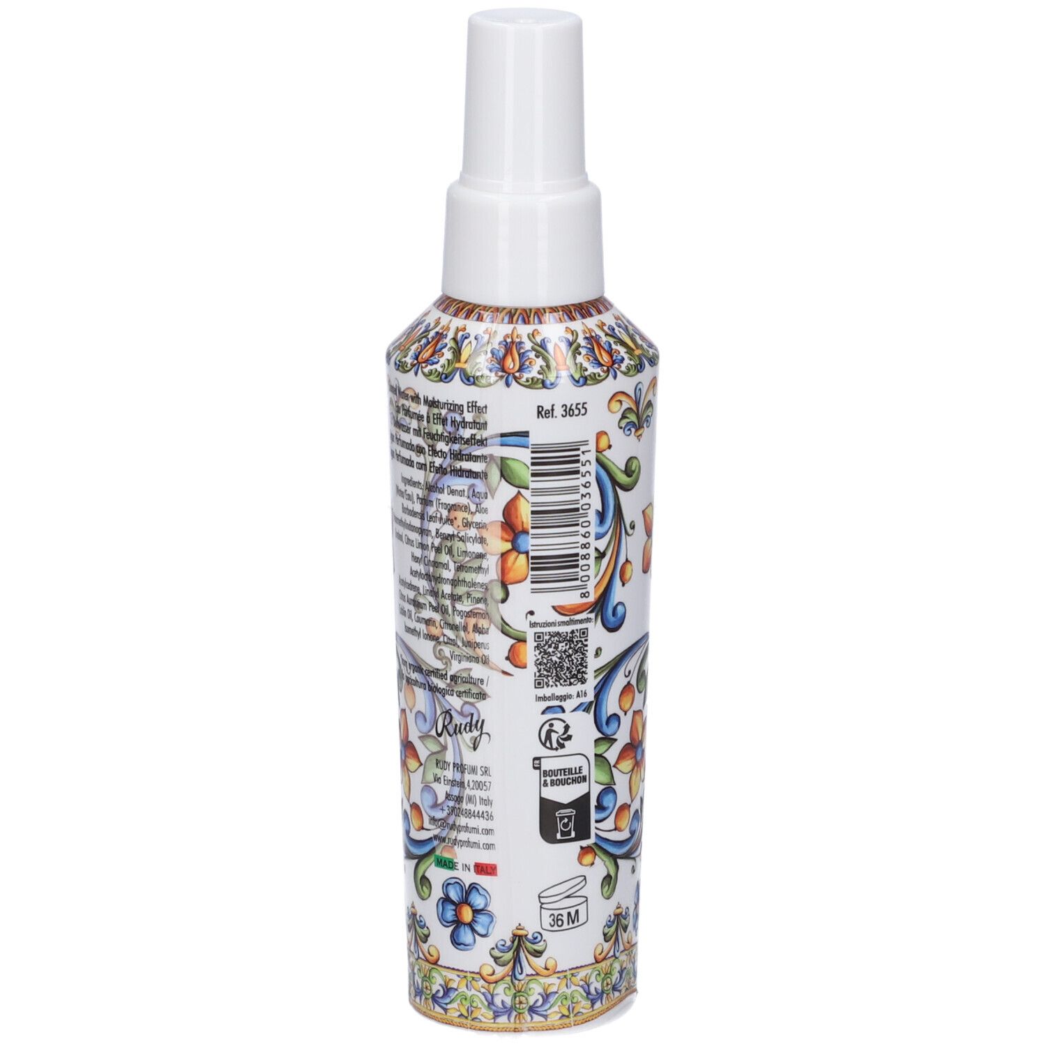 Vista laterale di un flacone spray con motivo floreale, codice a barre e testo.