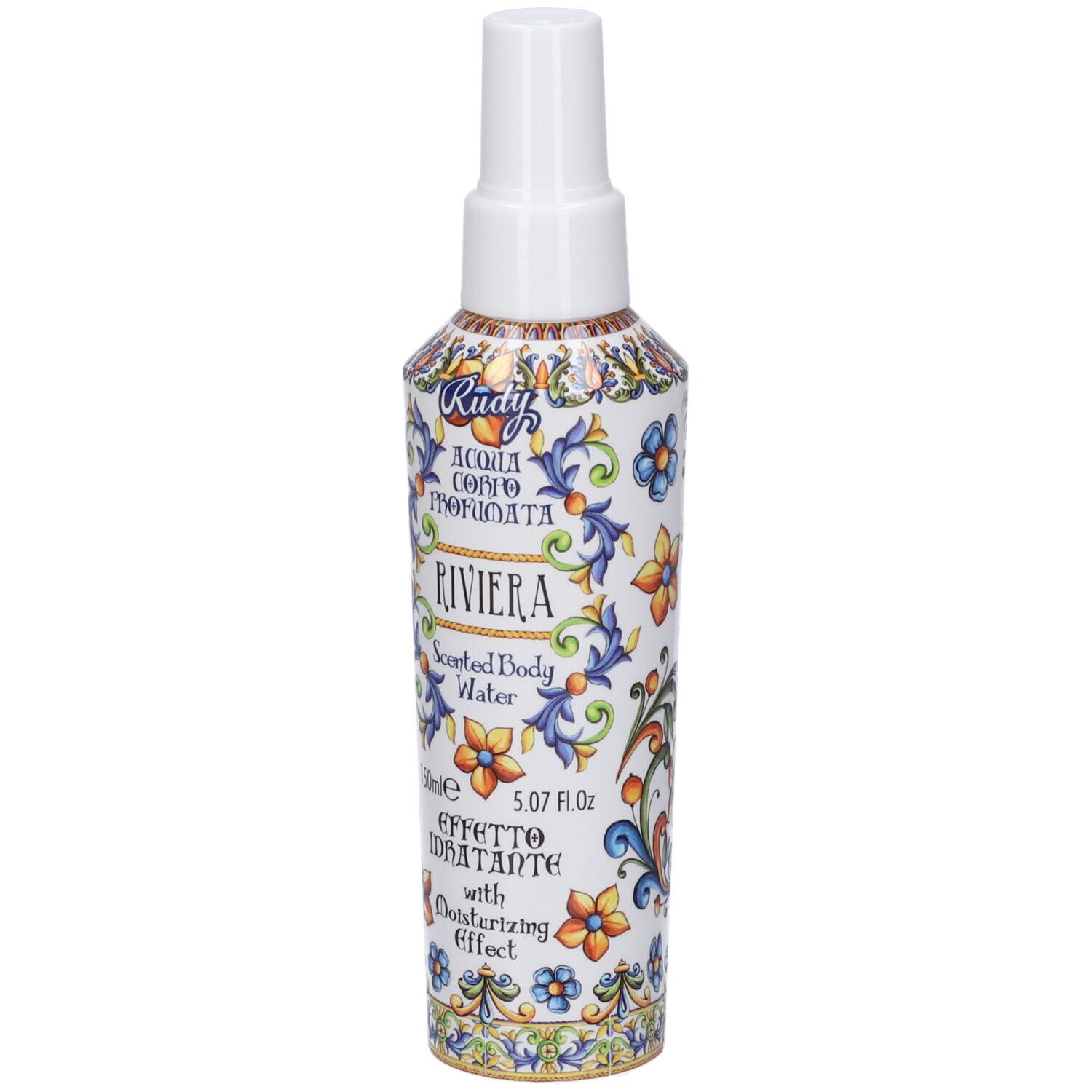 Flacone spray bianco con motivo floreale e scritta "RIVIERA".