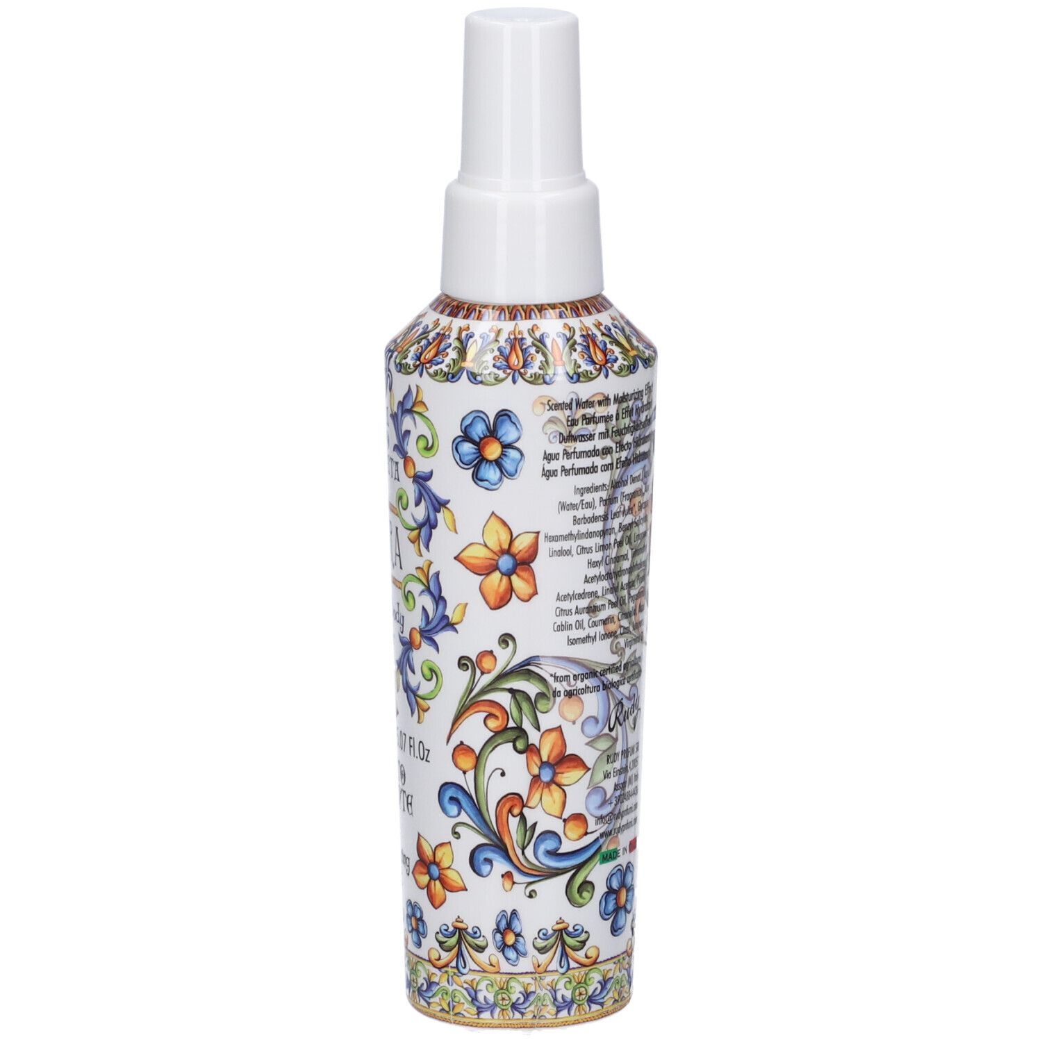 Retro di un flacone spray con motivo floreale e informazioni dettagliate sul prodotto.