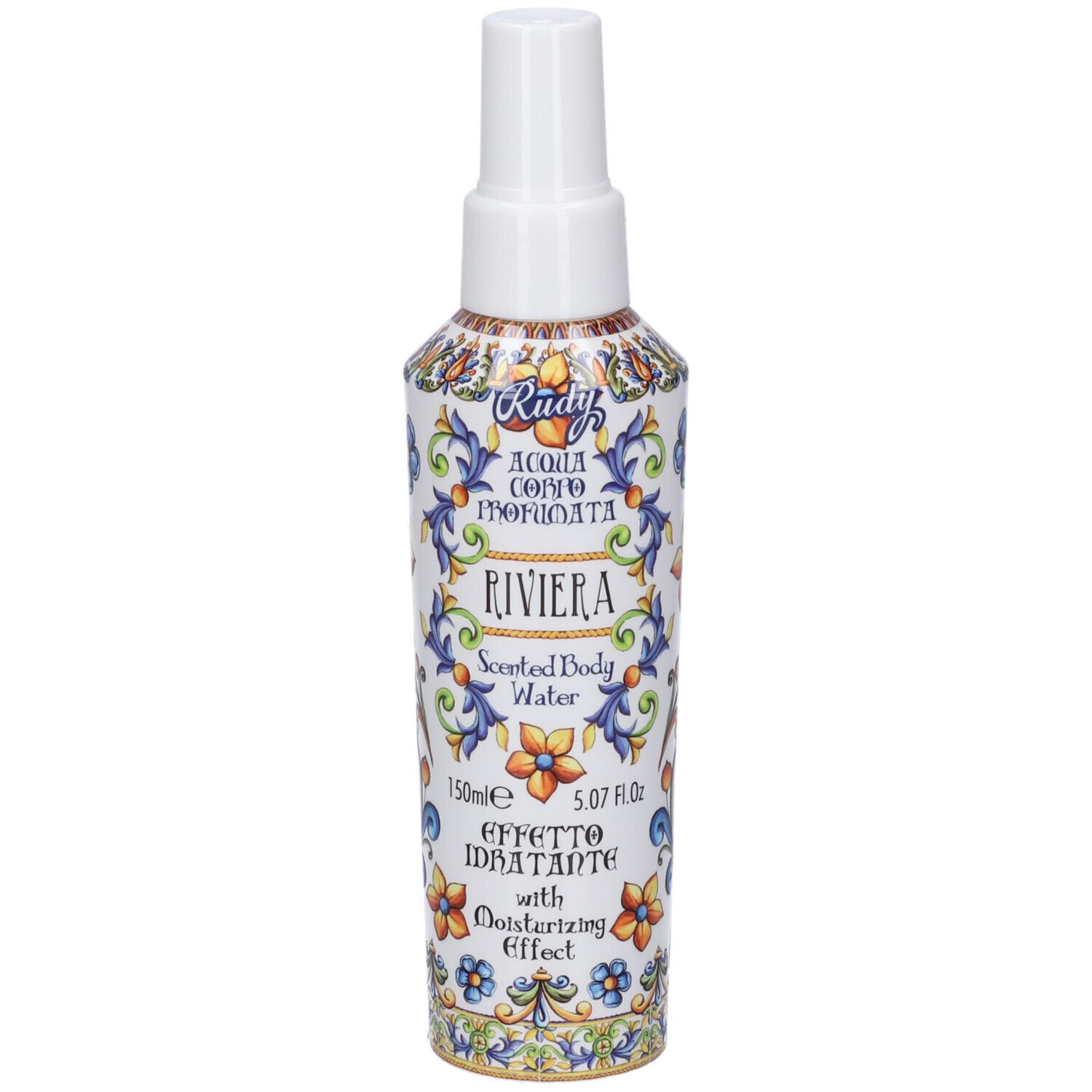 Flacone spray bianco con motivo floreale e scritta "RIVIERA".
