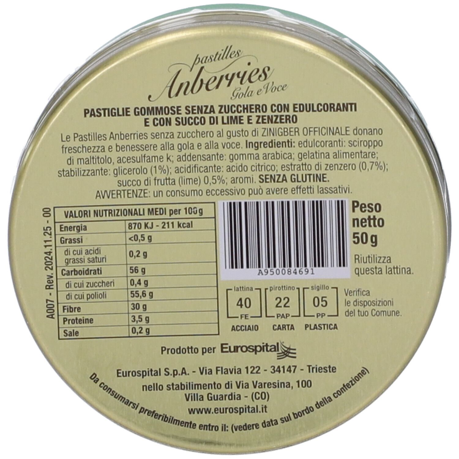 Retro della scatola. Testo: Pastilles Anberries, ingredienti, informazioni nutrizionali, peso 50g. Simboli di riciclaggio.