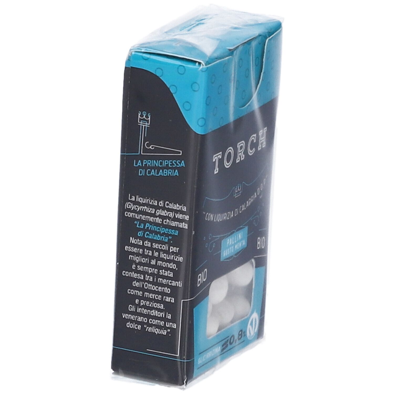 Vista obliqua della confezione TORCH. Scatola nera e blu. Finestra con pallini bianchi. Testo.