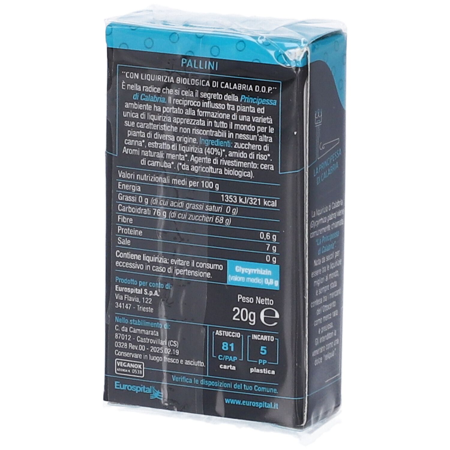 Retro della confezione TORCH. Scatola nera e blu. Testo con informazioni nutrizionali e ingredienti. 20g.