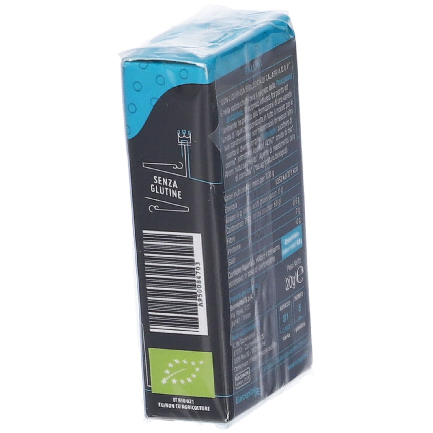 Vista laterale della confezione TORCH. Scatola nera e blu. Testo: Senza glutine, marchio bio.