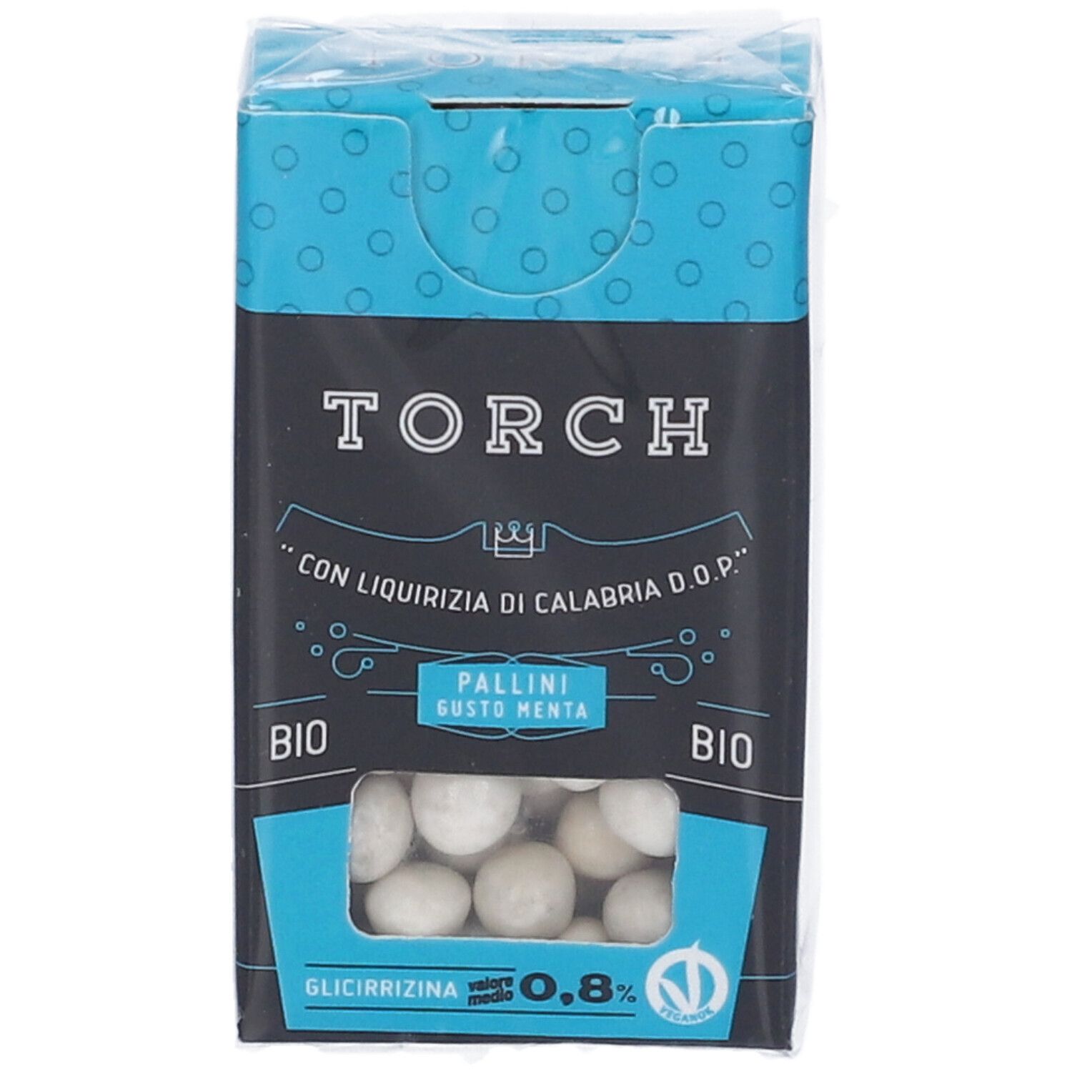 Confezione TORCH. Scatola nera e blu. Finestra con pallini bianchi. Scritte: BIO, Glicirrizina 0,8%.