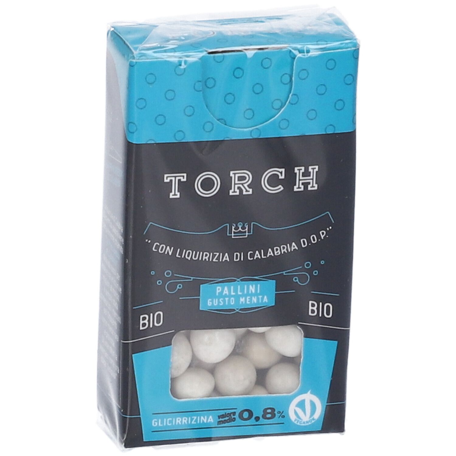 Confezione TORCH. Scatola nera e blu. Finestra con pallini bianchi. Scritte: BIO, Glicirrizina 0,8%.