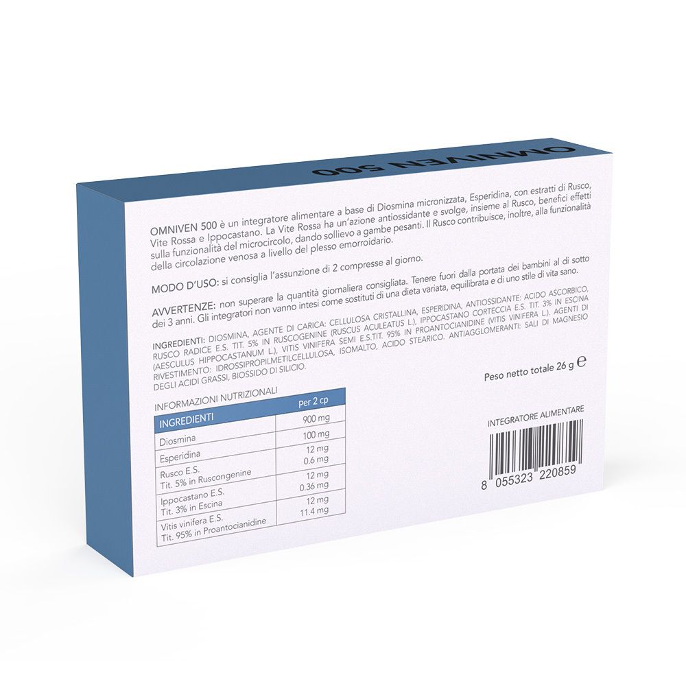 Retro della confezione di Omniven 500. Contiene informazioni sugli ingredienti e i valori nutrizionali. Testo in italiano.