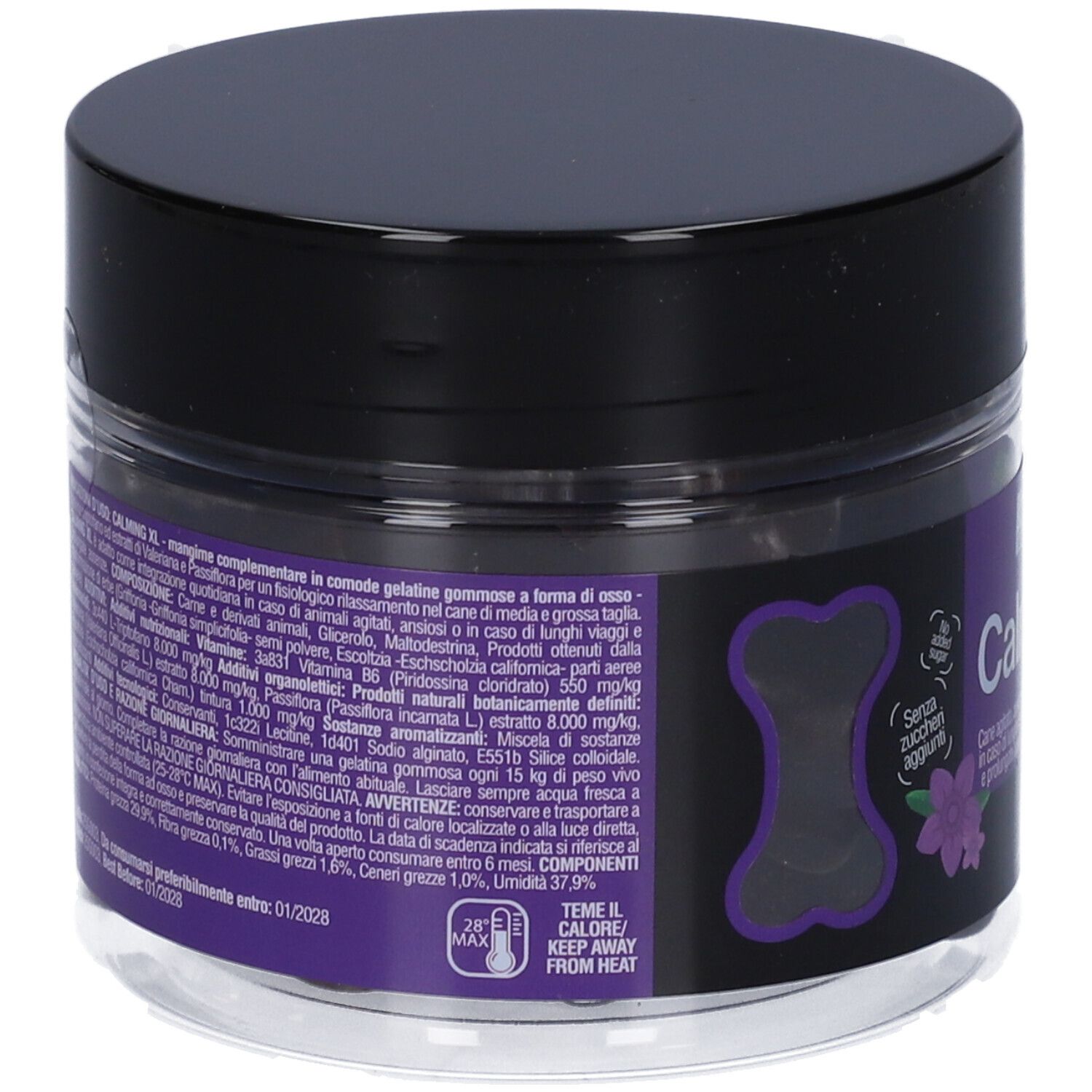 Retro del barattolo Petformance Calming XL. Testo con ingredienti e avvertenze. Barattolo trasparente con coperchio nero.