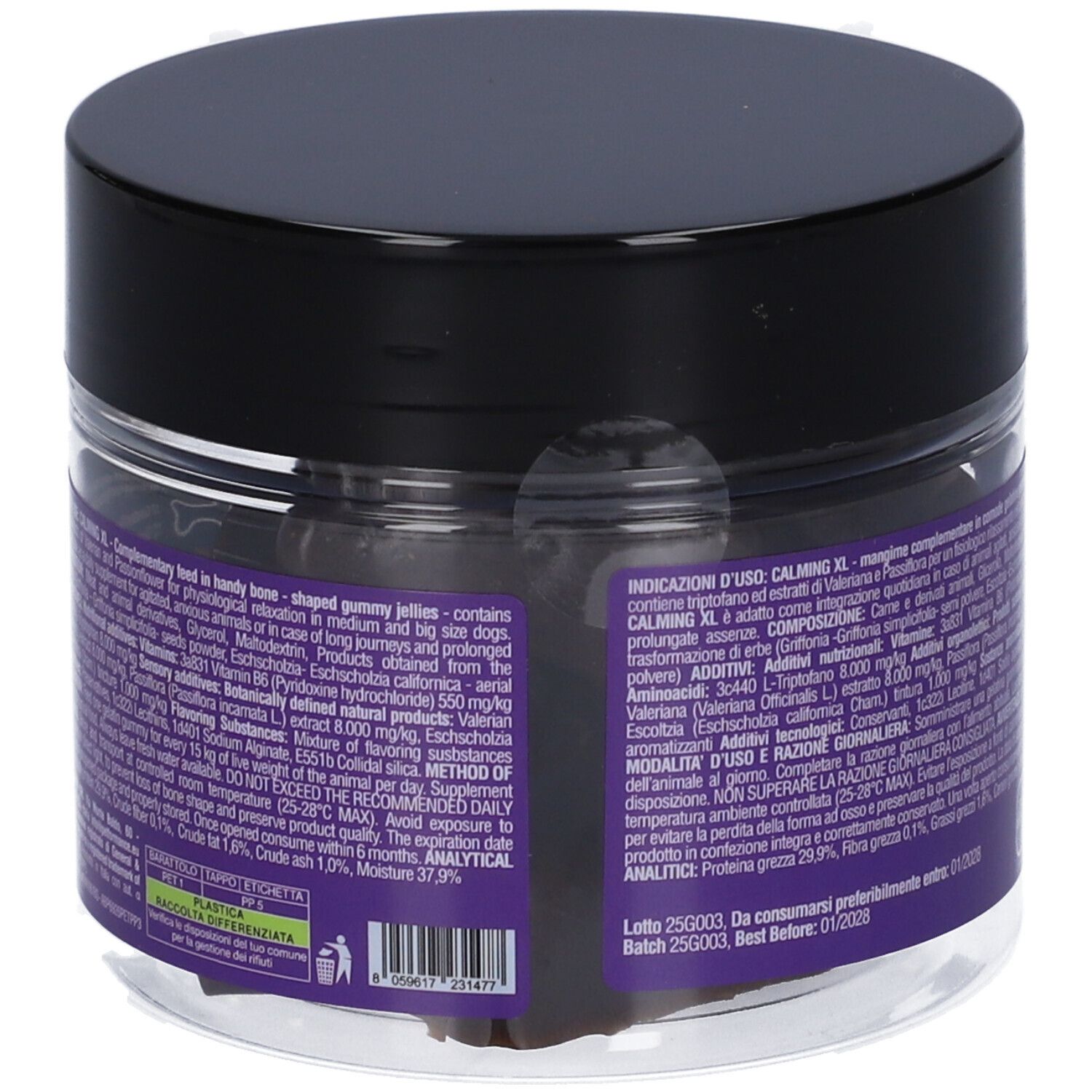 Retro del barattolo Petformance Calming XL. Testo con ingredienti e avvertenze. Barattolo trasparente con coperchio nero.