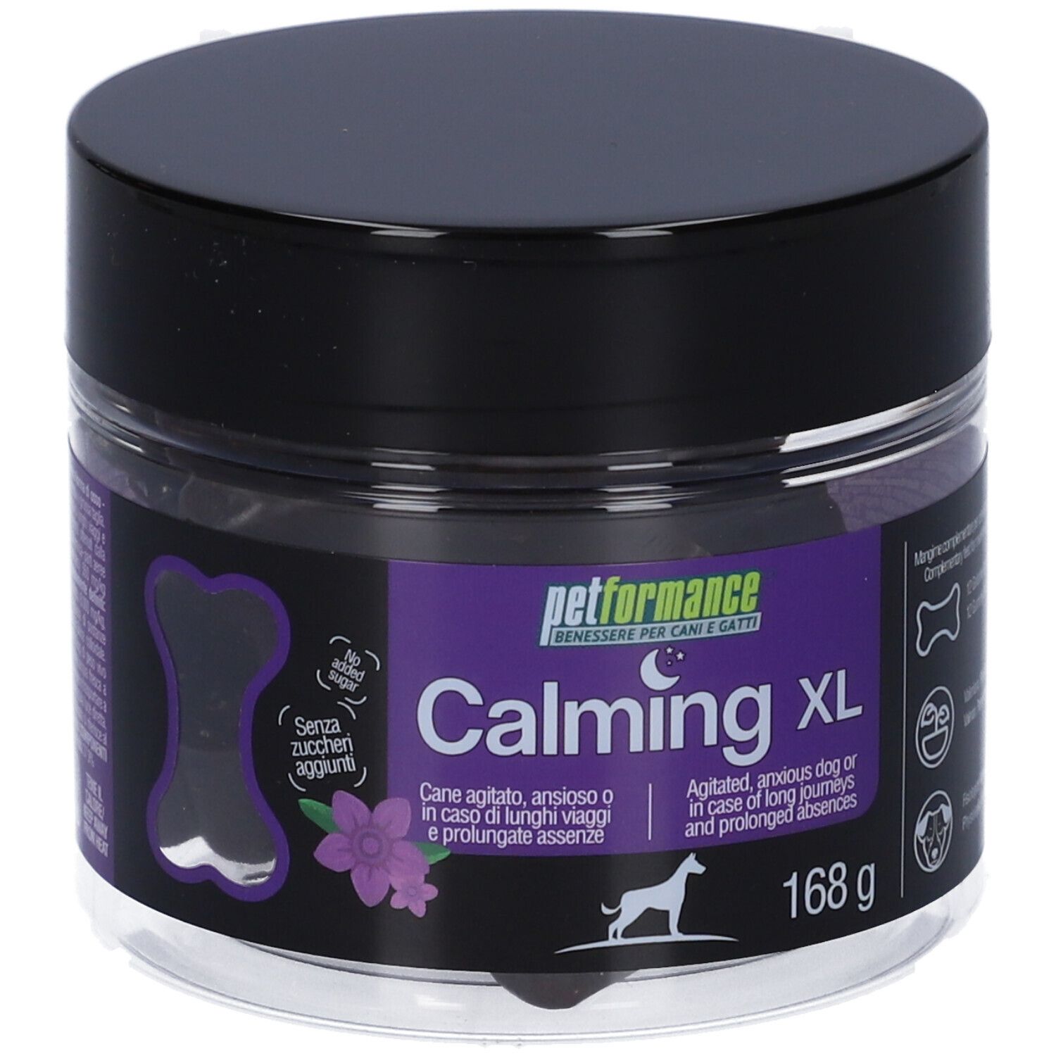 Barattolo Petformance Calming XL. Etichetta viola con nome prodotto, ingredienti e silhouette cane. 168g.