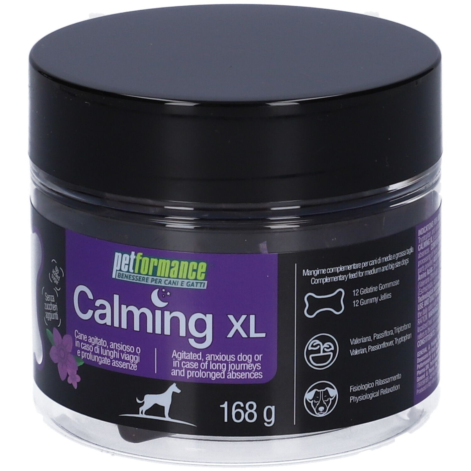 Barattolo Petformance Calming XL. Etichetta viola con nome prodotto, ingredienti e silhouette cane. 168g.